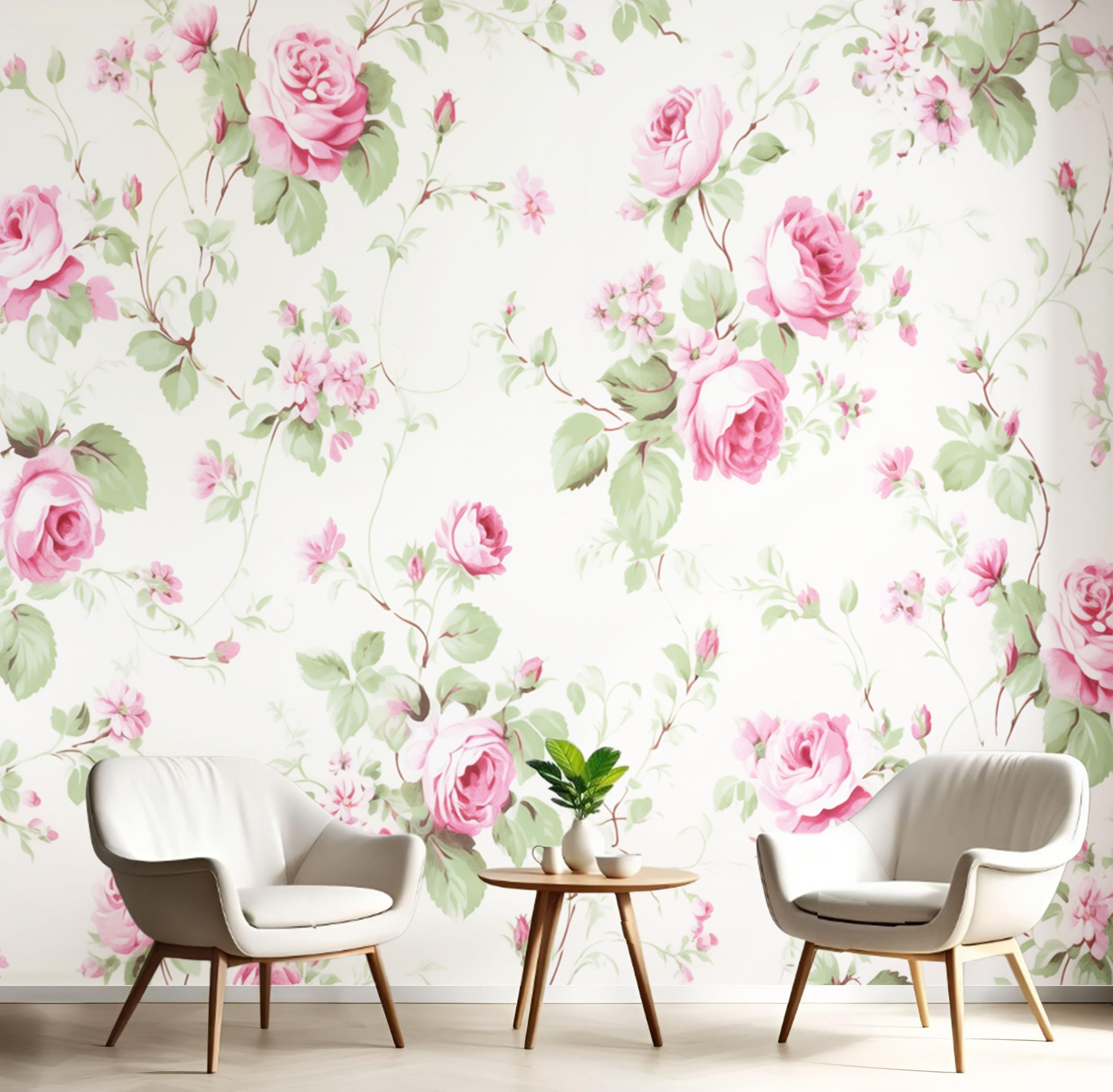 Papier peint panoramique rose champêtre beige en soie | Poster géant mural 350x256 cm