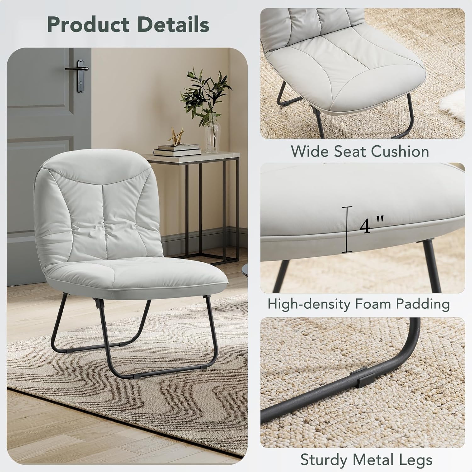 Furniliving 3 in 1 Folding Chair Foldable Floor Chair for Reading, Lounging & Gaming, Portable Camping Chair with Metal Frame Comfy Accent Chair Indoor Reading Chair for Living Room, PU (Grey)