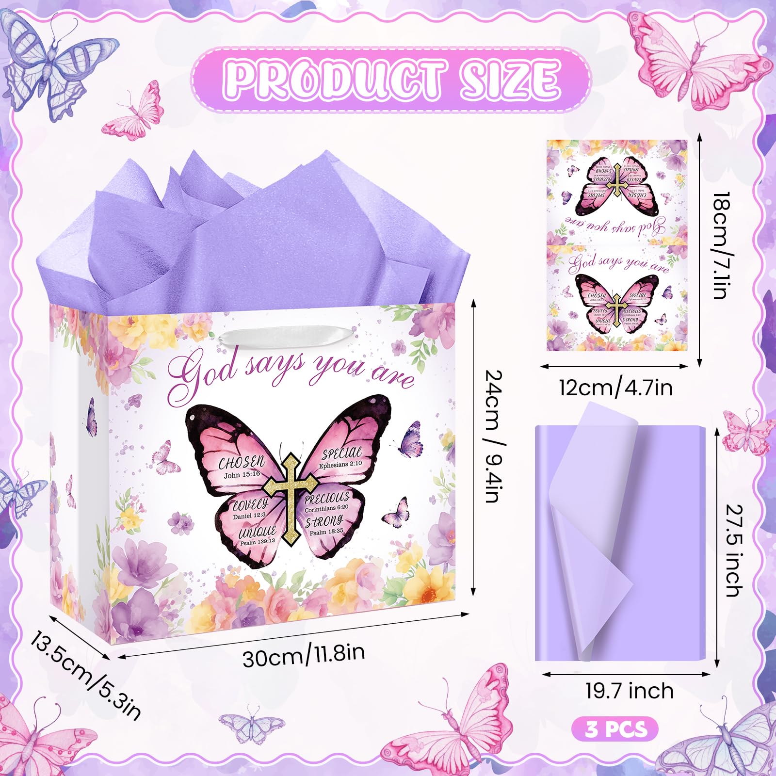 Butterfly Christian Baptism Gift Bag for Girls Women Purple Floral Religious Communion Gift Bags Wrapping Paper Card Flower Butterfly Cross Christening Confirmation Favor Bag Bible Verse Birthday Baby Shower Party Supplies Decor