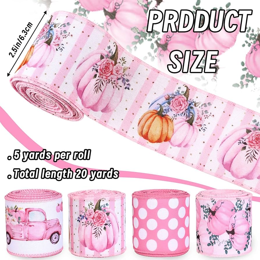 Amazon.com: 4Rolls 20 Yards Pink Pumpkin Wired Ribbon