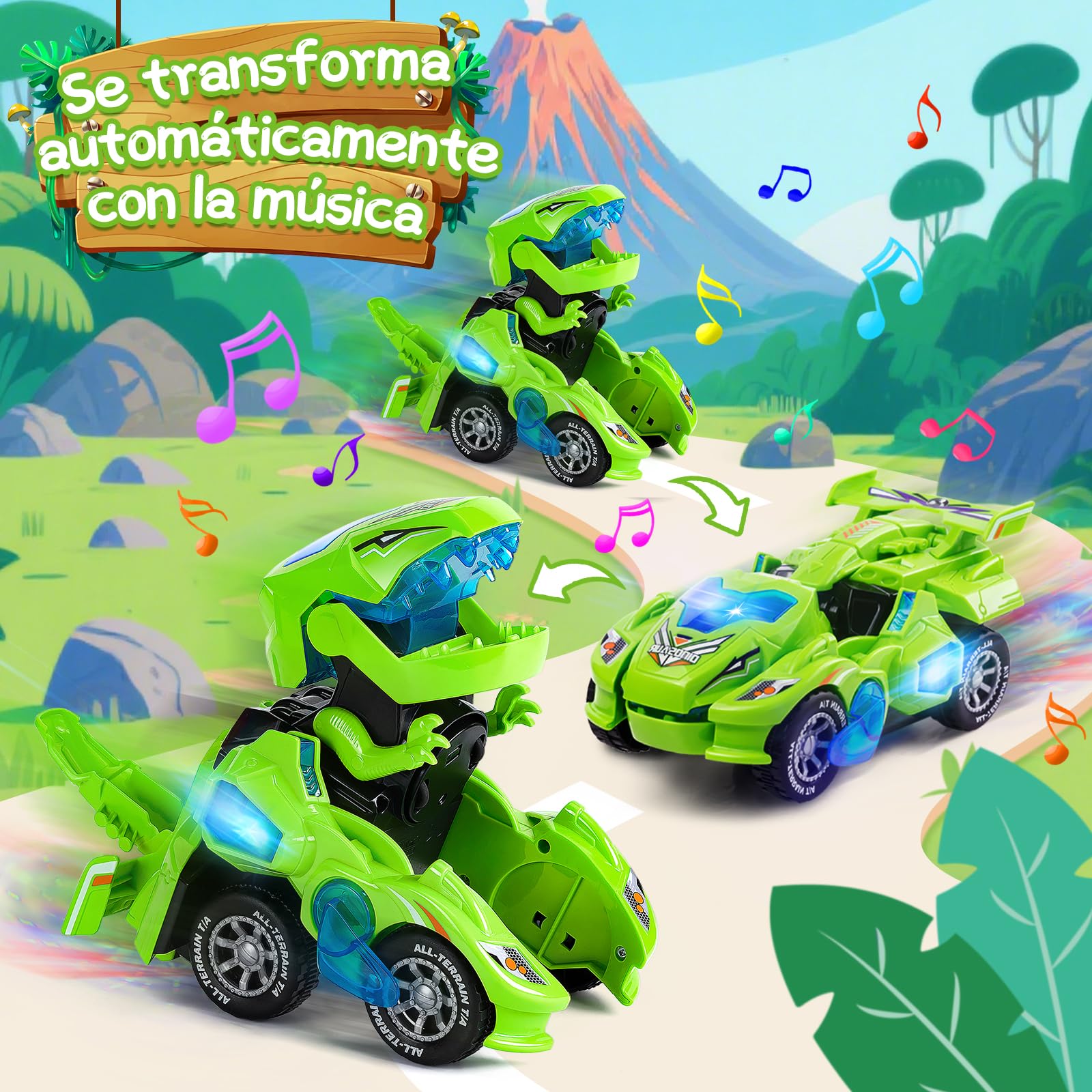 Yellcetoy Coche Dinosaurios Transform Juguetes, Dino Car con Música y Luz, Transformador Dinosaurio Regalos de Cumpleaños de Navidad para Niños 3 4 5 6 7 Años Verde