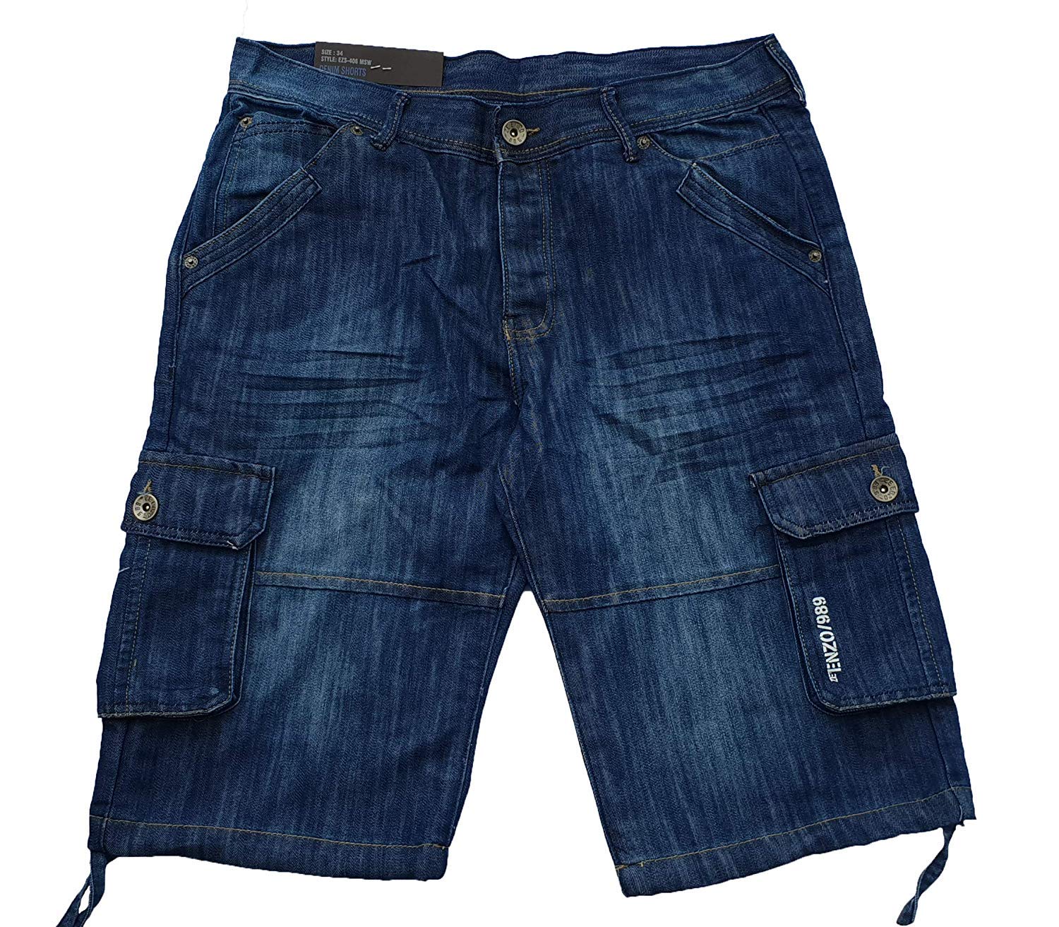 Enzo-Jeans Men's Mid Blue Faded Enzo Combat/Cargo Denim Shorts Great Detail Ezs 406