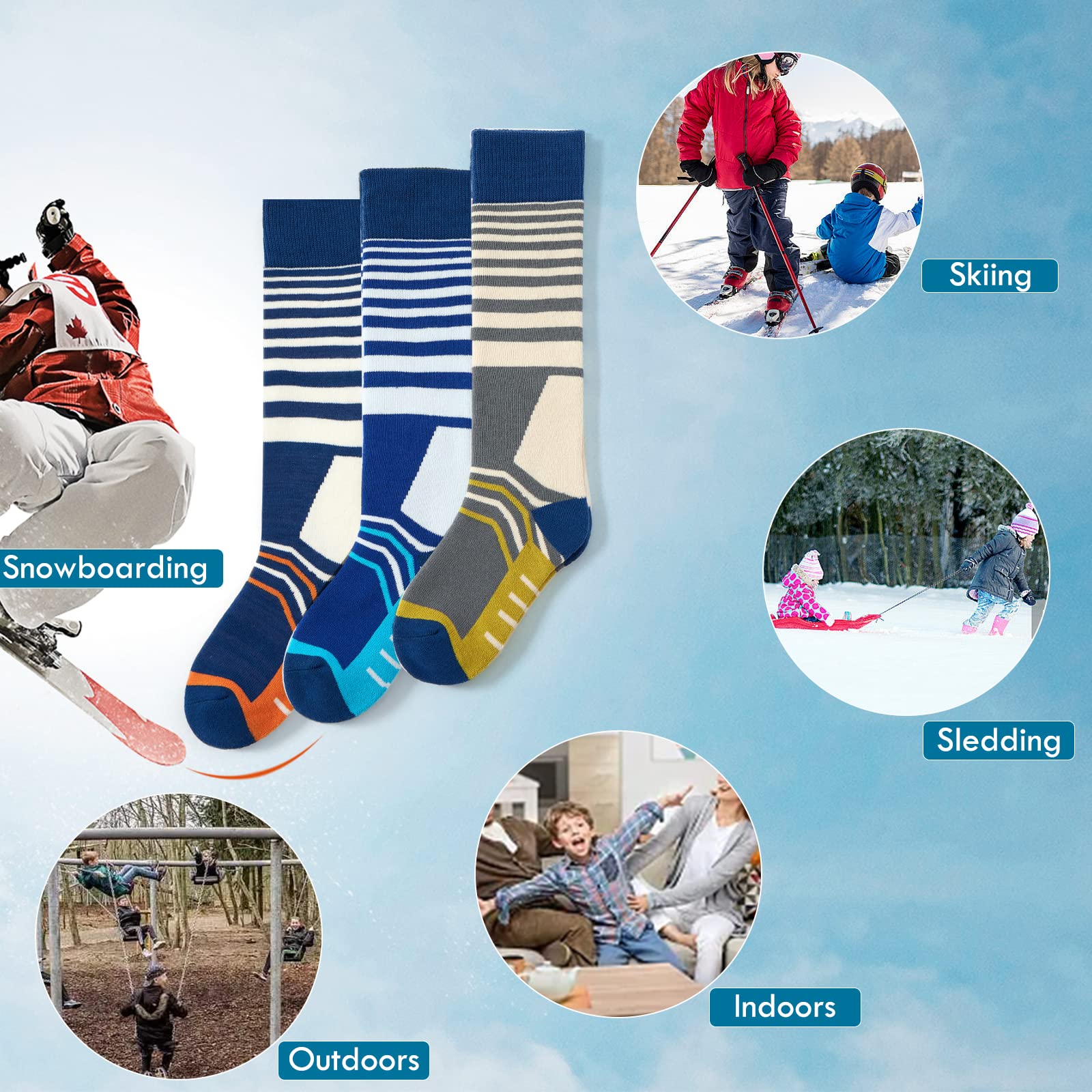 Calcetines de esquí para niños, calcetines cálidos de invierno para niños y niñas, calcetines térmicos gruesos para patinaje, snowboard, nieve, paquete de 3