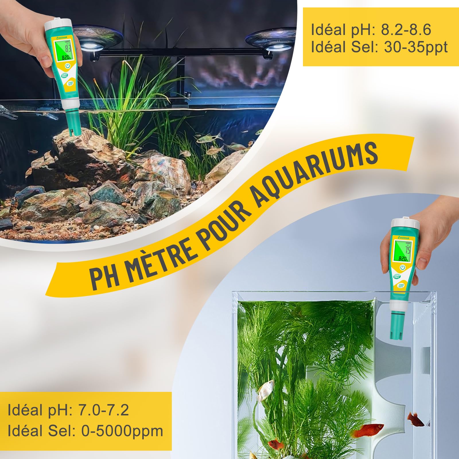 UIUZMAR Testeur de Sel pH Mètre pH ORP Mètre Précis et Constant | 6 en 1 pH, Salinité, ORP, TDS, EC, Temp Testeur de PPM et EC pour L'hydroponie, les Aquariums, les Piscines