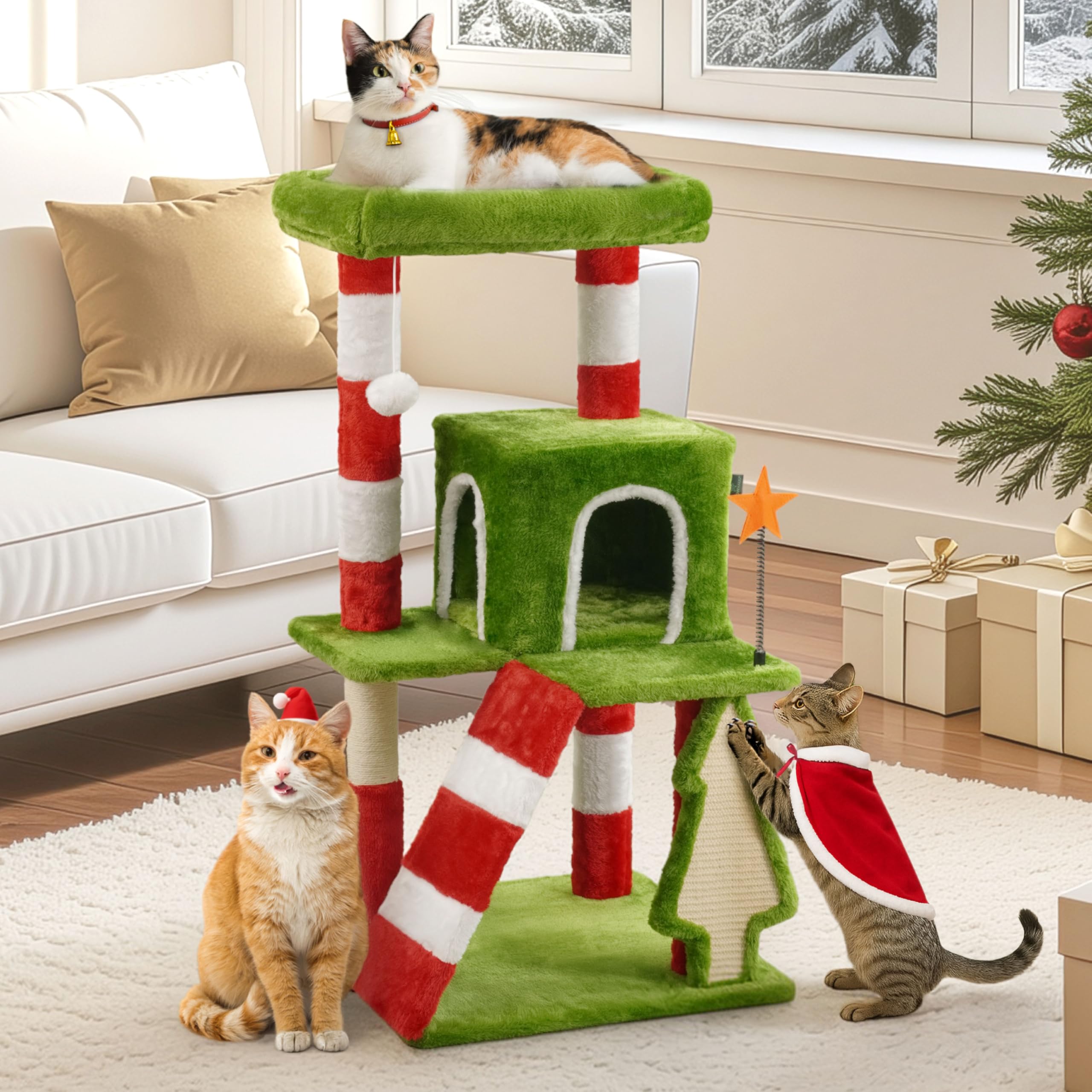 BOWHAUS Christmas Cat Tree, Multi-Level Holiday Activity Cat Tree Tower with Scratching