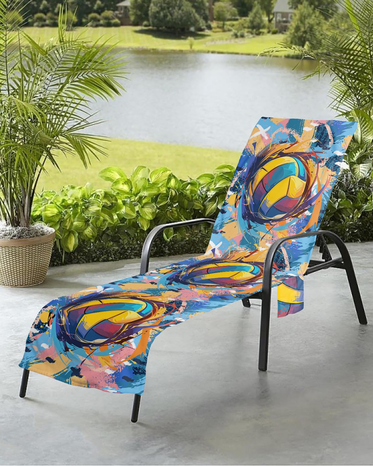 Volleyball Painted Beach Chair Towel Covers for Chaise Lounge with Side Pocket, Soft Plush Pool Towels Cover for Patio Sunbathing Outdoor 29''x85'' Modern Abstract Geometric Art