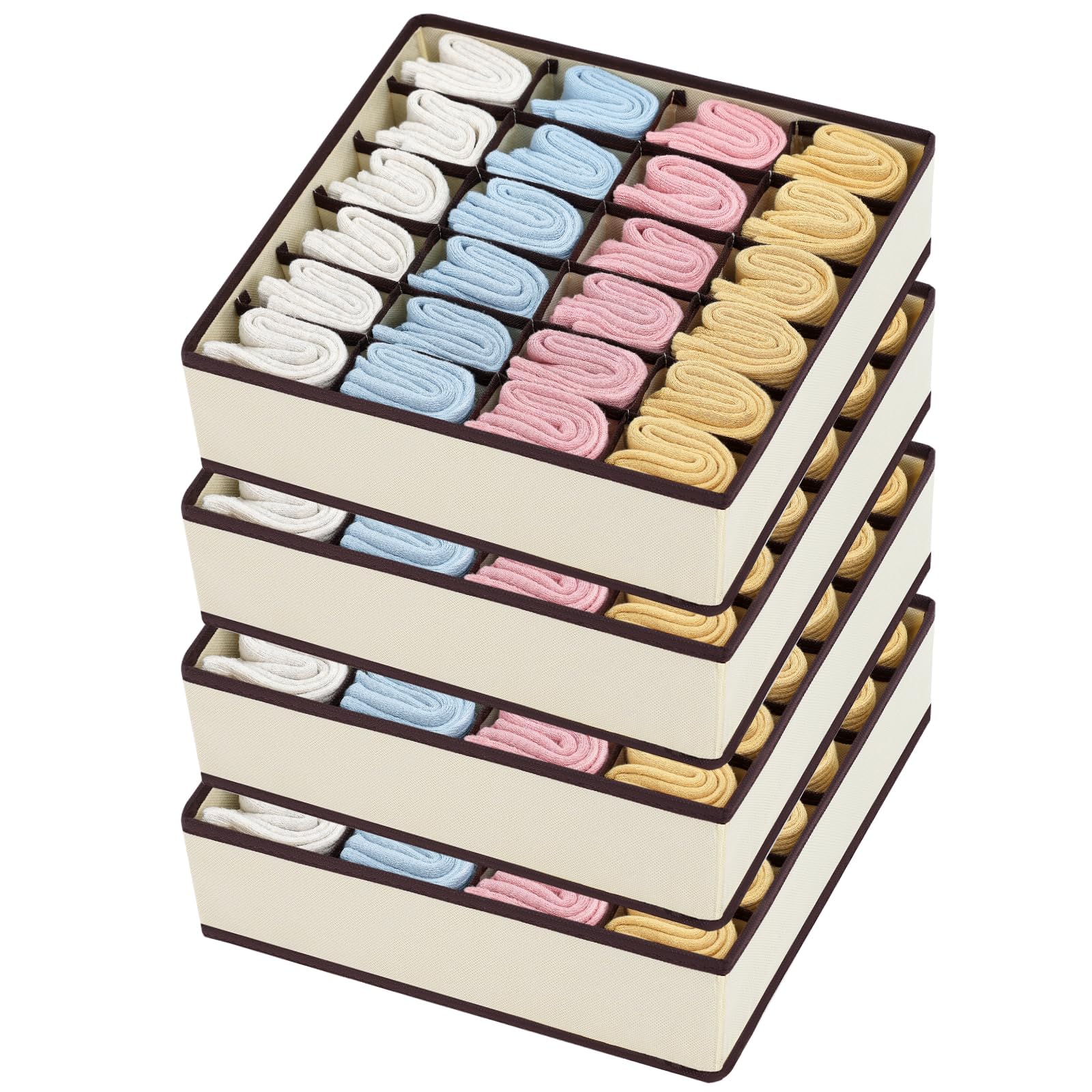 Socken-Organizer, 4 Stück, große Socken-Schubladen-Trennwand, Unterwäsche-Aufbewahrung, 24 Zellen, Schrank-Organizer und Aufbewahrung für Kleiderschränke, Schubladen (Beige)