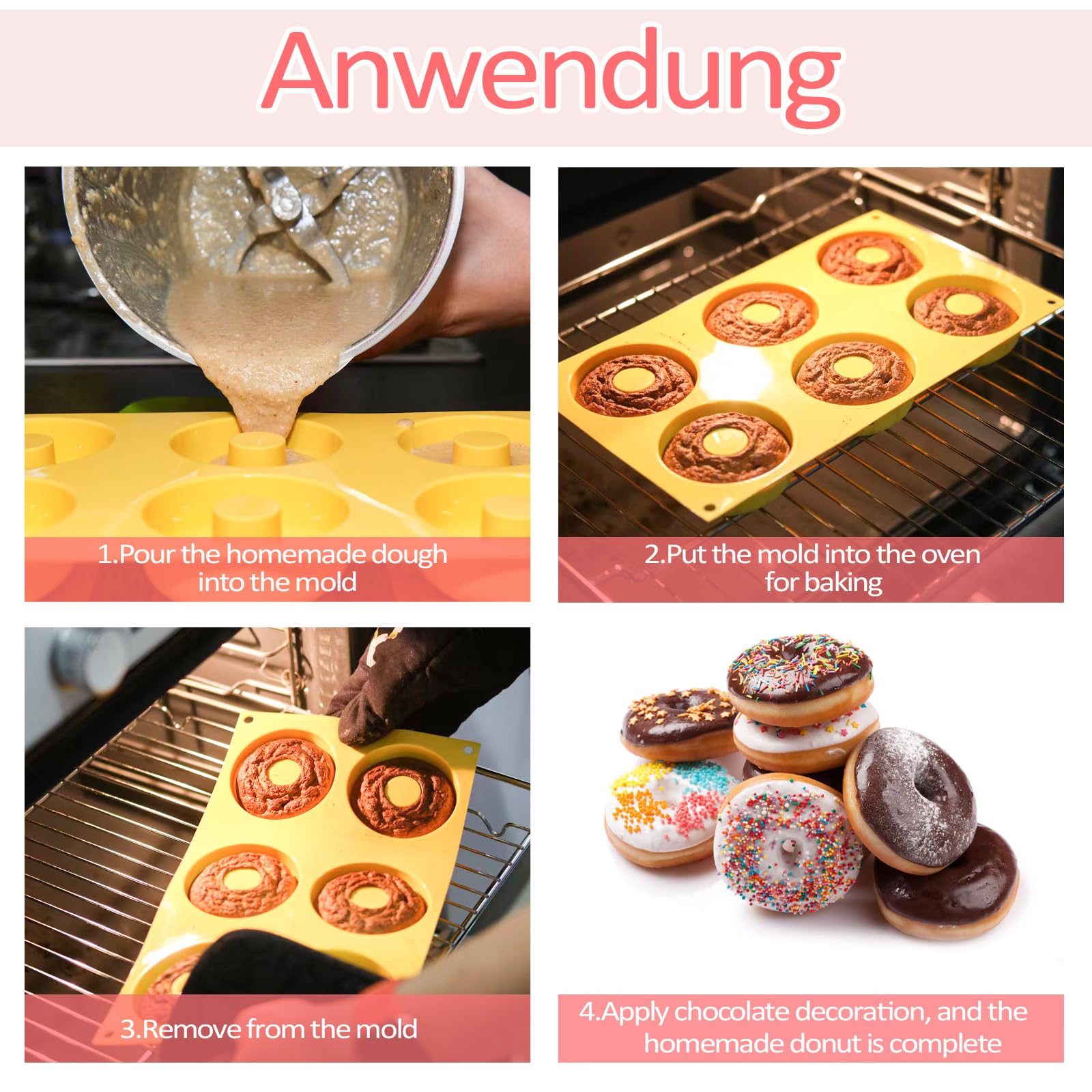 TNSLAND 4 sztuki silikonowych foremek do pieczenia donutów, 3 kolory, z pędzlem do oleju, nieprzywierające, do pieczenia ciast, bajgli, muffinek (okrągłe, kwiaty i serca)