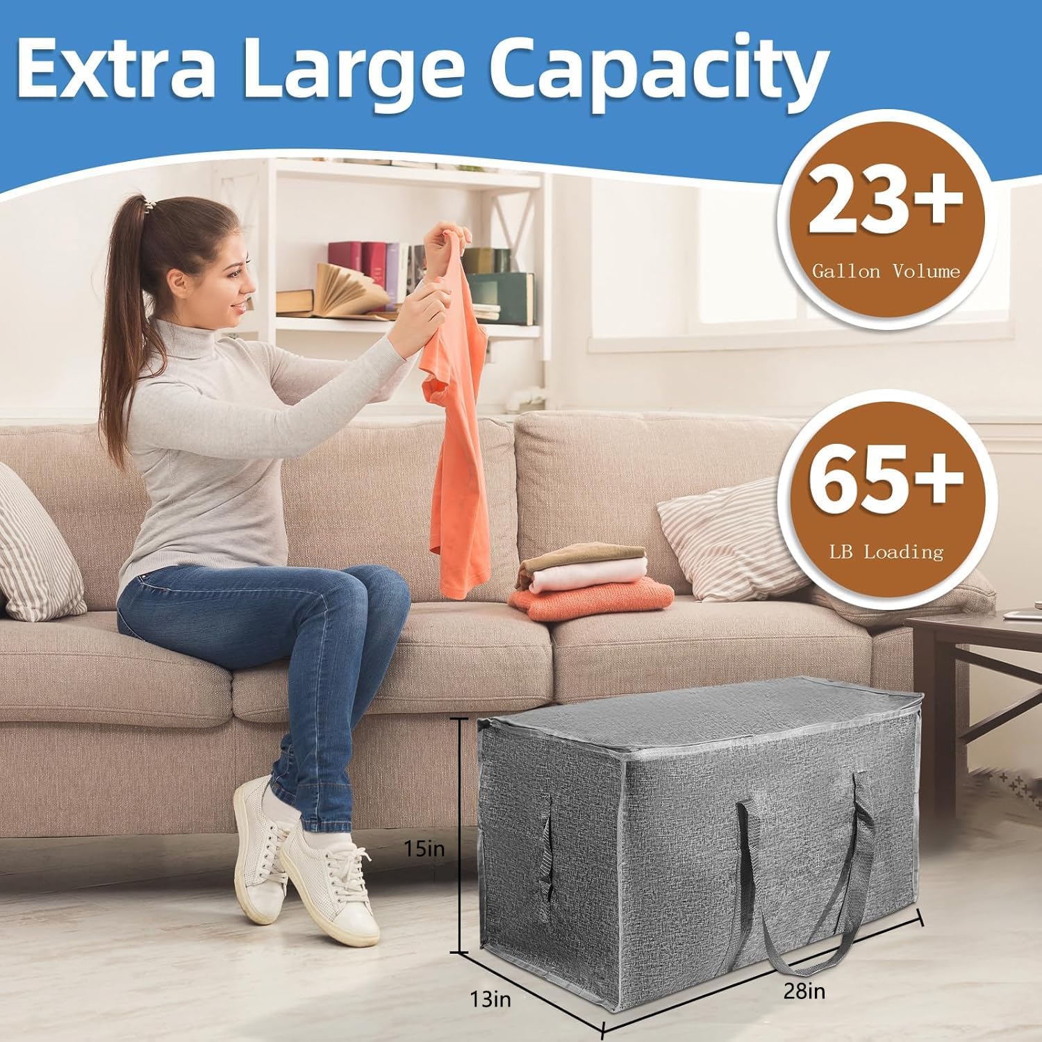 12 Pack-Extra Large Heavy Duty Moving Bags - Waterproof Storage Totes with Handles & Zippers, Foldable for College Dorm, Storage (Gray)