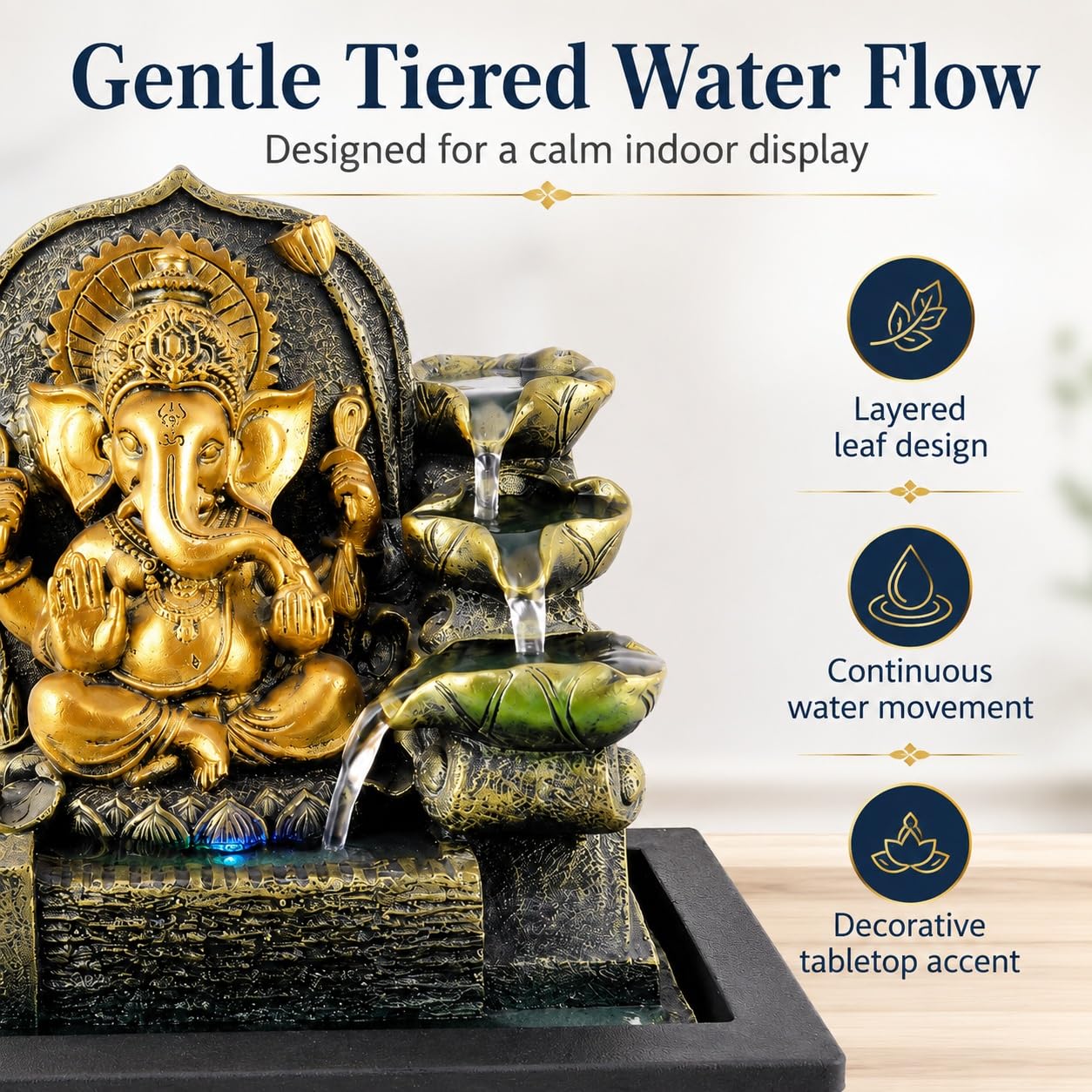 Ganesha Fuente de mesa, fuente de cascada interior de 11 pulgadas con luz LED, decoración de flujo de agua de hojas escalonadas para escritorio, oficina en casa