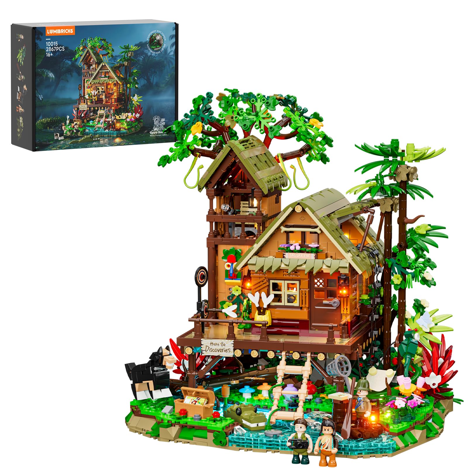 Lumibricks Misty Forest Cabin beleuchtetes Klemmbaustein-Set, 2867 Teile, Tropische Regenwald-Pfahlhütte mit verstecktem Nebelmodul und Glühwürmchen-Beleuchtung, Ausstellungsmodell für Erwachsene