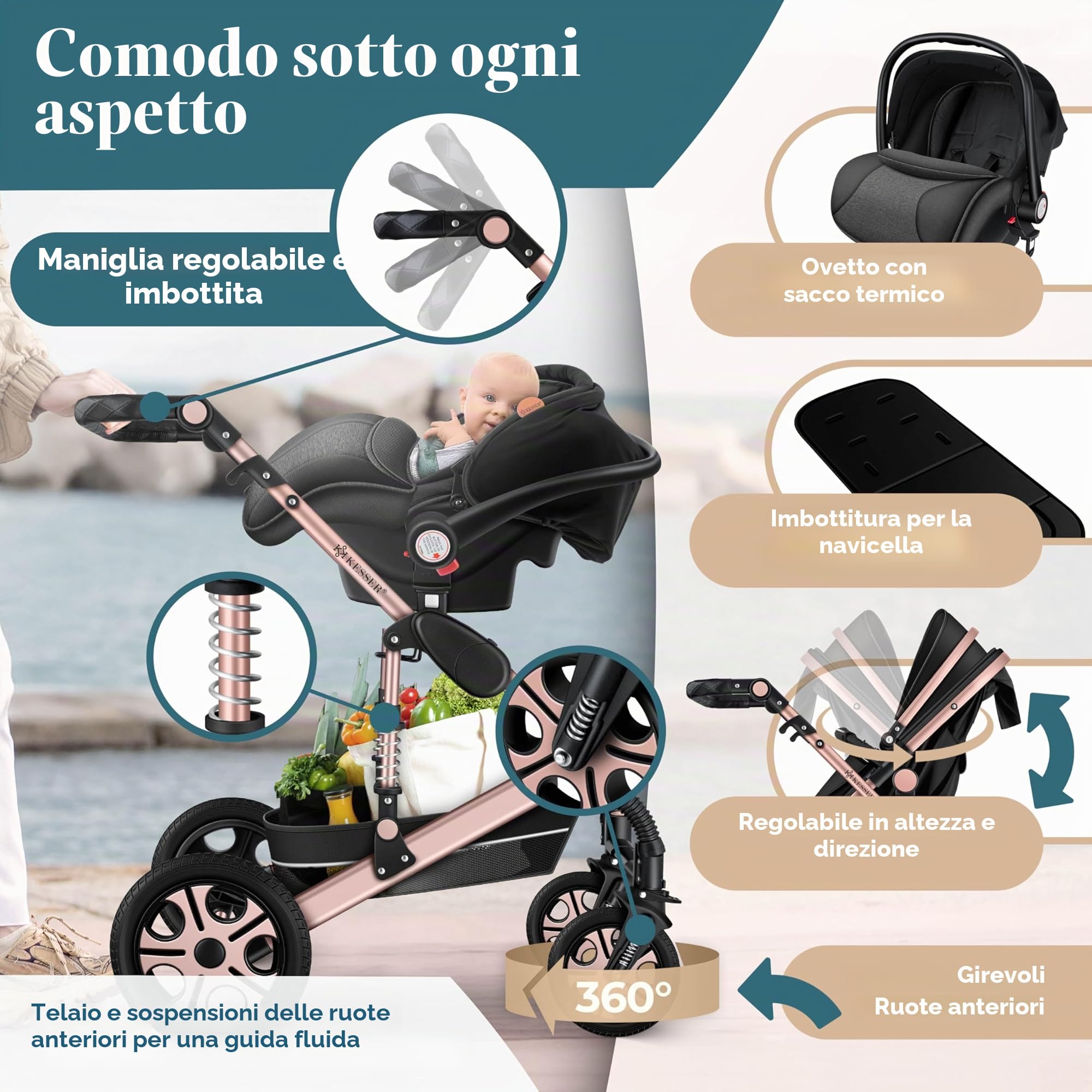 KESSER Carrozzina 3in1 Loops, Combinata con navicella, Seggiolino auto, Nero/Oro Rosato