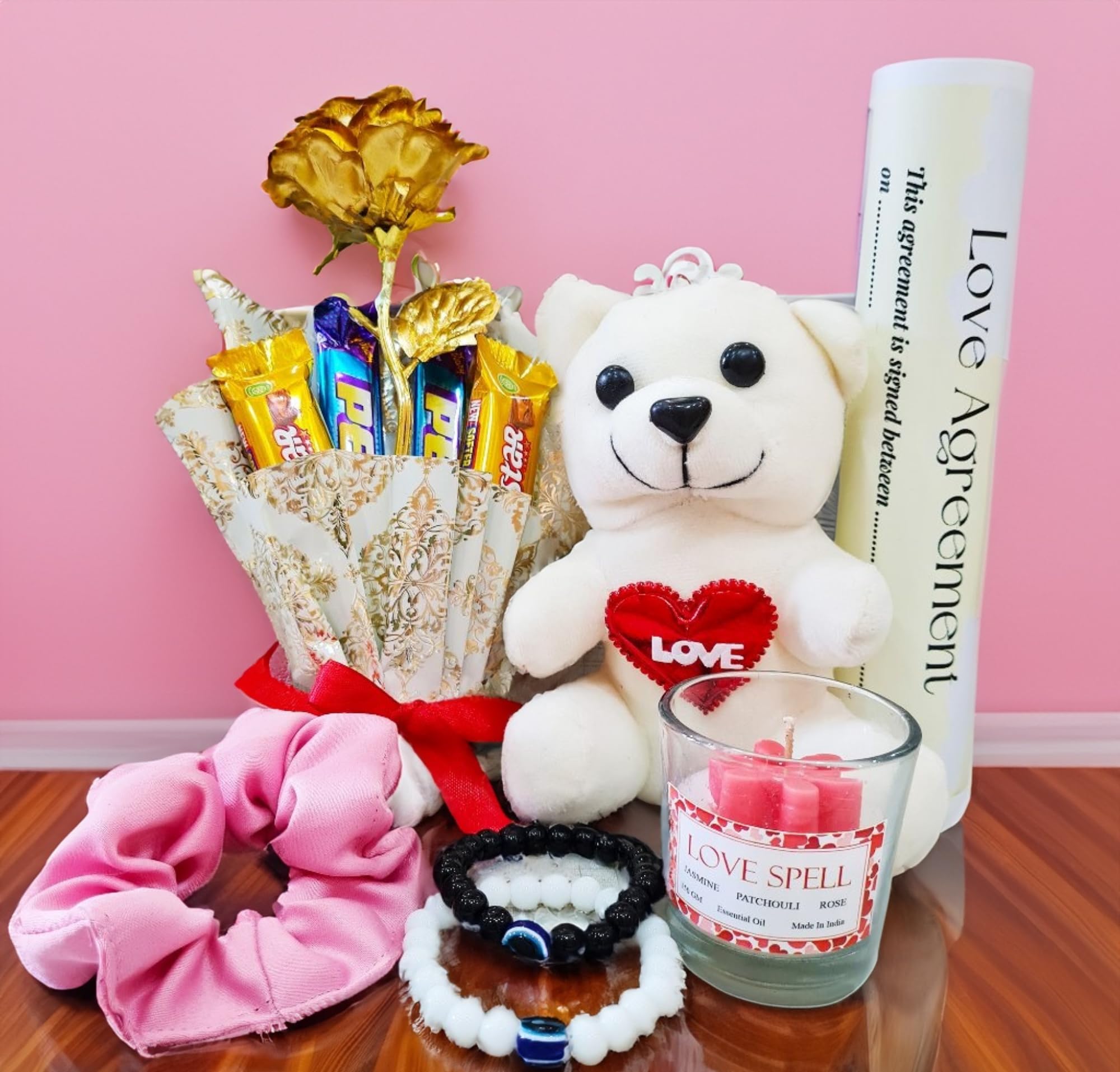Bansiwala Love Combo for Couples - Rose & Chocolate Bouquet, Teddy, Scented Candle, Matching Bracelets, Love Agreement, Scrunchy - Valentine Week Combo Gift