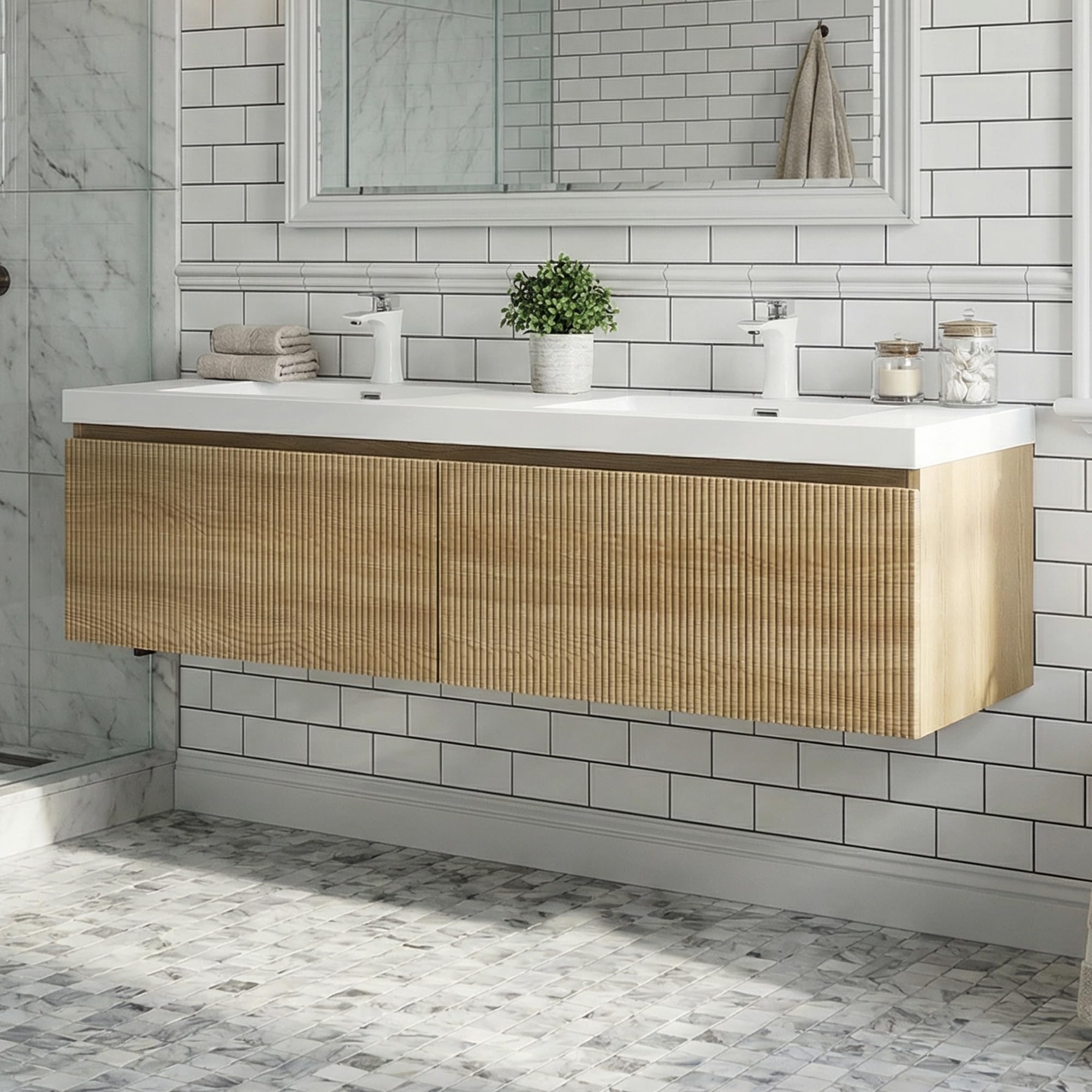 72" Bathroom Vanity with Sinks, Modern Floating Vanity Bathroom Sink Cabinet Wall Mount, Pre-Assembled Striped Bathroom Vanity with 2 Soft-Close Drawers, Hidden Handle, Double Drawers, Natural Oak