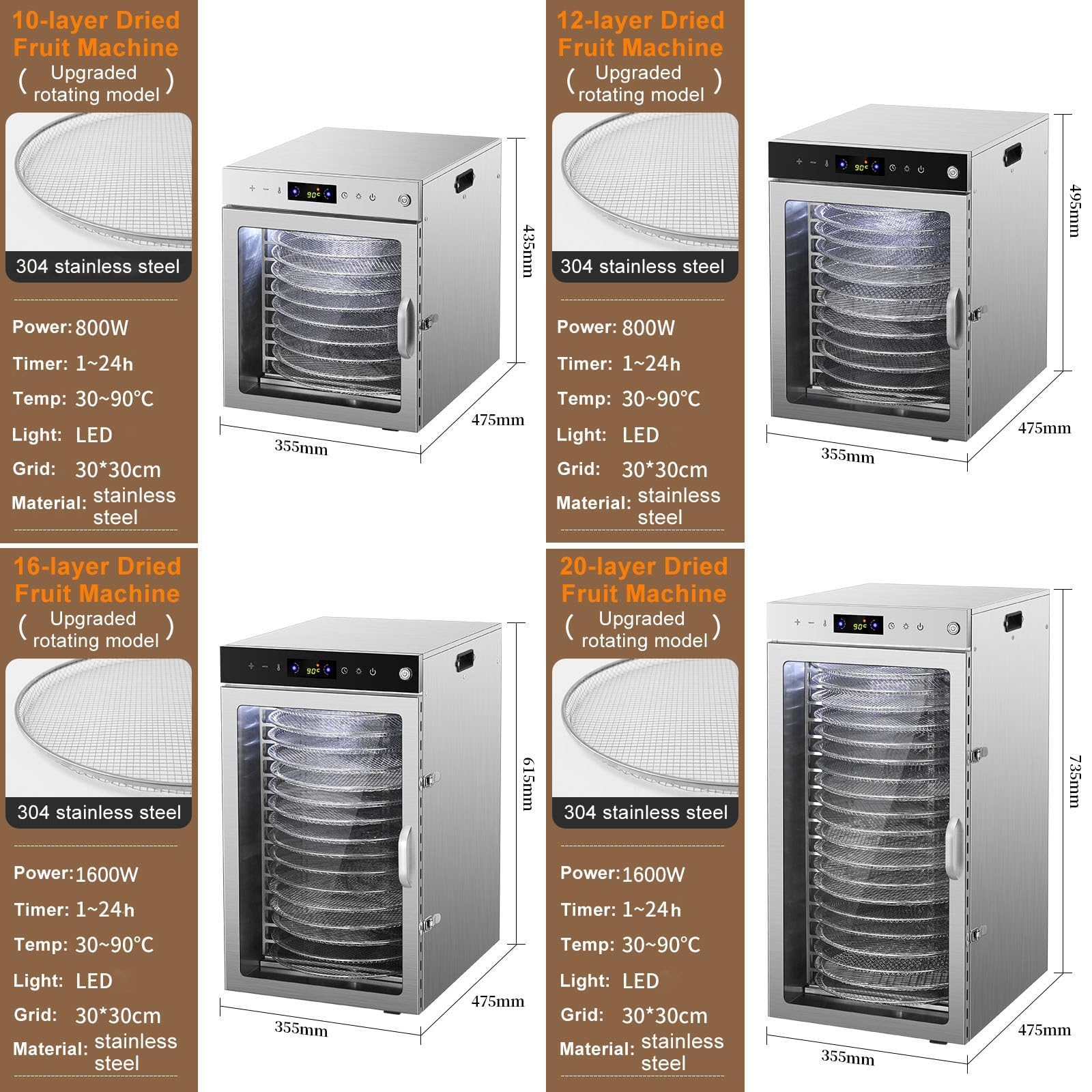 Deshidratador De Alimentos, Secador De Frutas De Acero Inoxidable, Secado Giratorio De 360°, Ajuste De Temperatura De 30 a 90 °C, Ajuste Del Temporizador De 24 Horas, Para Frutas, Verduras, Carne