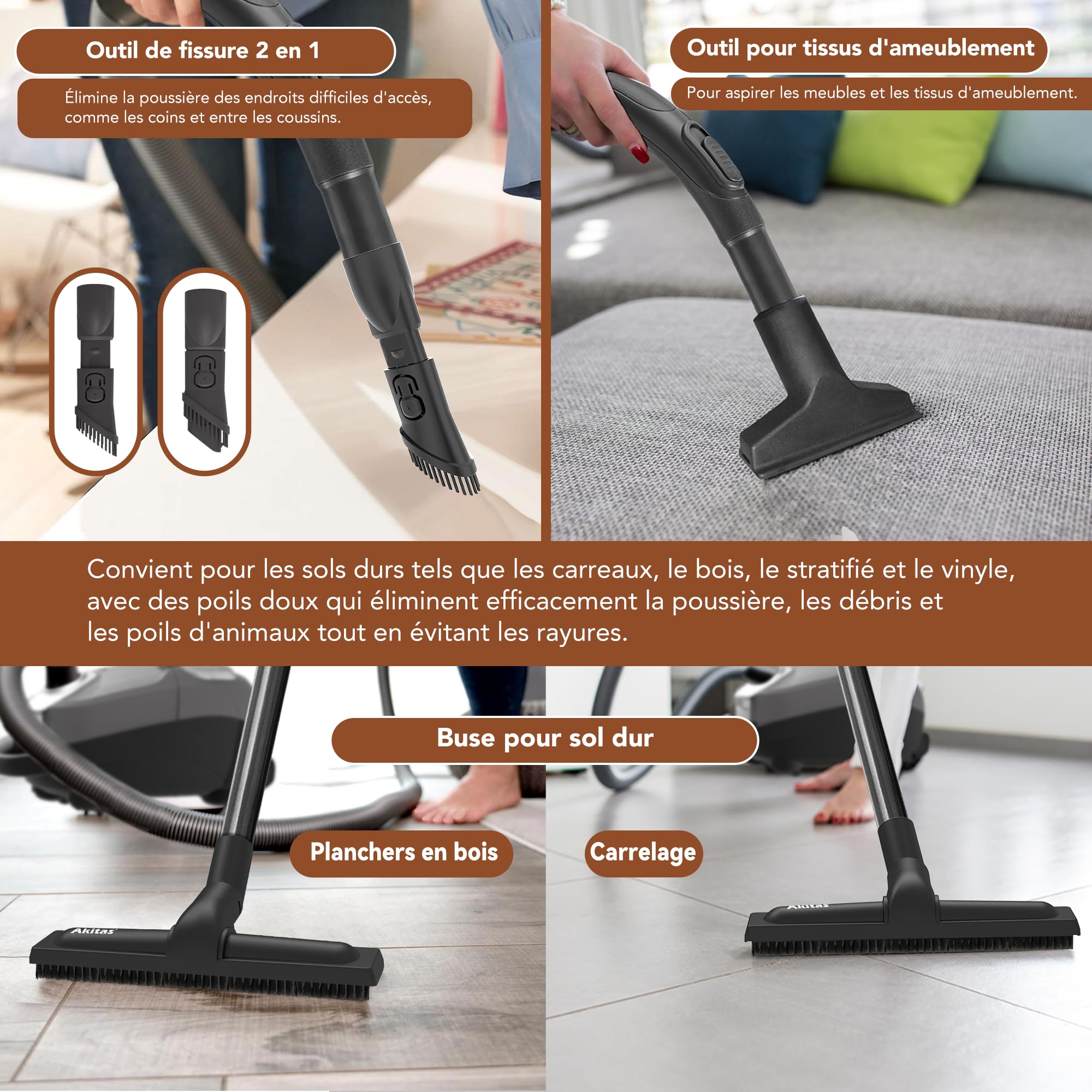 Akitas C11 Turbo 900W Aspirateur avec Sac Turbo Câble 7m, Aspiration Réglable Brosse Turbo Anti-Poils d’Animaux 4-en-1 pour Sols Durs et Moquettes Tête de Rechange Incluse
