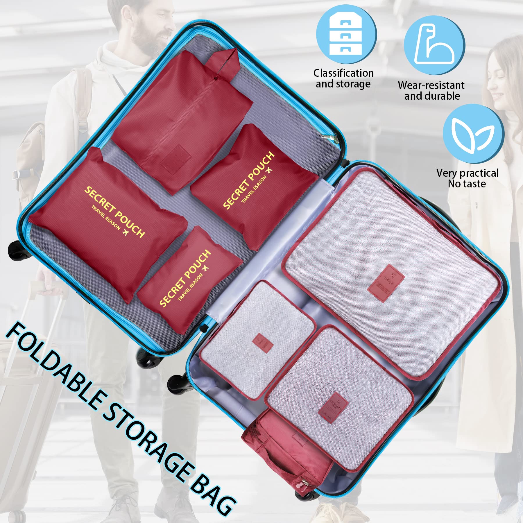 Coolzon Organizer Valigie Viaggio Set 8 Pezzi set, Cubi di Imballaggio Organizer Valigia Perfect Storage Travel Luggage Organizer per i vestiti,Cosmetici,Scarpe,Intimo, Rosso Scuro