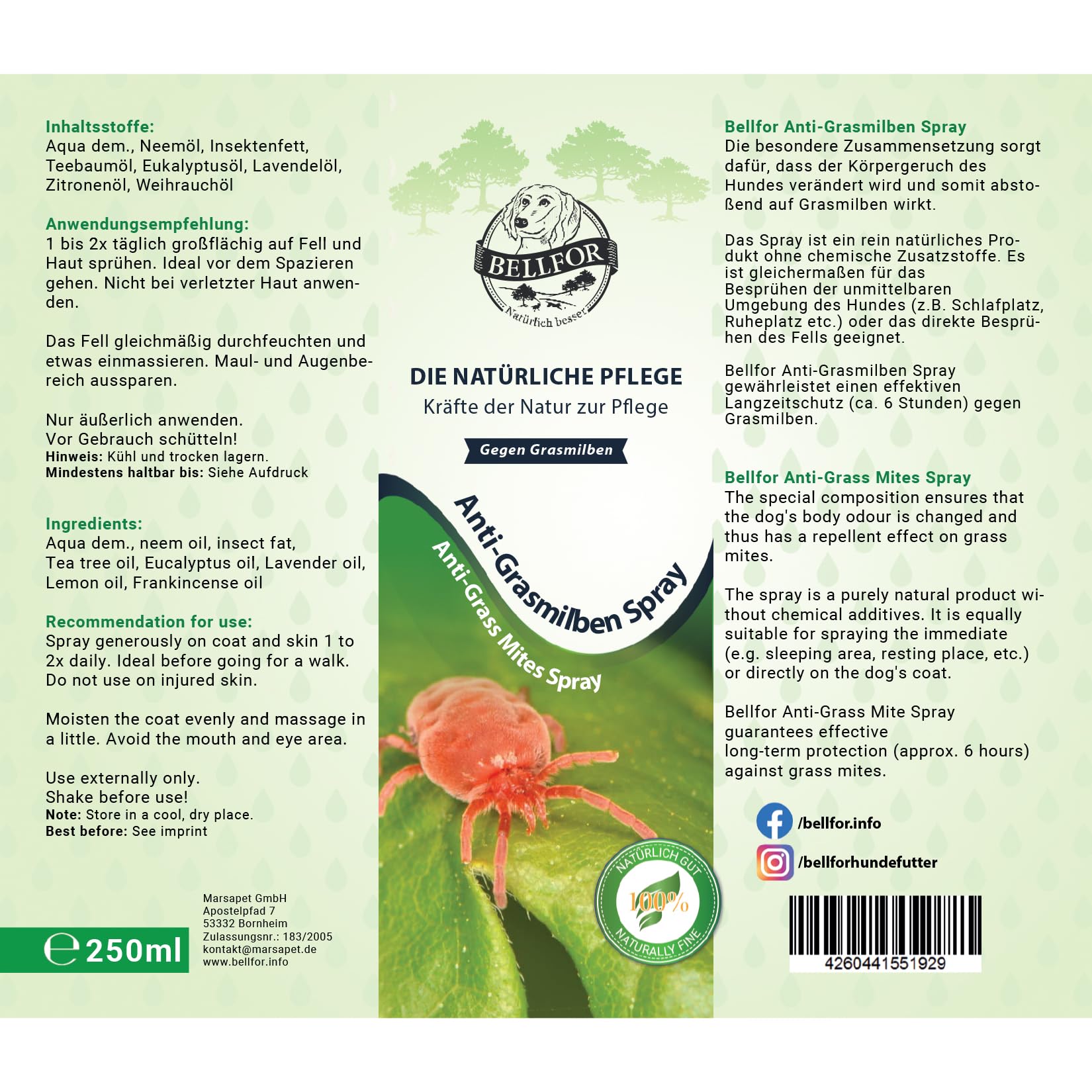 Bellfor Grasmilben Schutz-Set für Hunde – Anti-Grasmilben Spray 250 ml mit Teebaumöl & Lavendelöl + Marsavet Wundsalbe 30 ml – Natürliche Pflege bei Hautreizungen