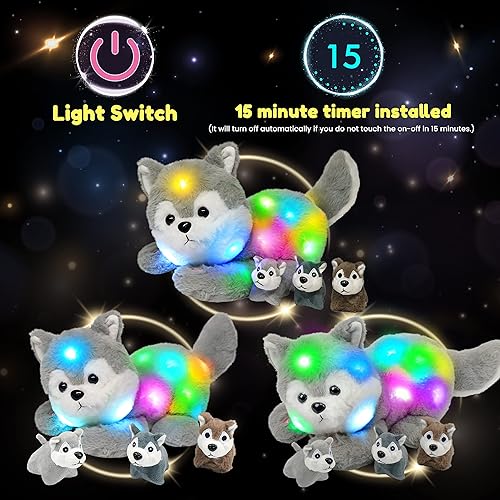 Miniatura 5 de Hopearl Husky de peluche con luz LED para mamá con 3 cachorros en su vientre juego de luces nocturnas que brillan en la oscuridad regalos para niños