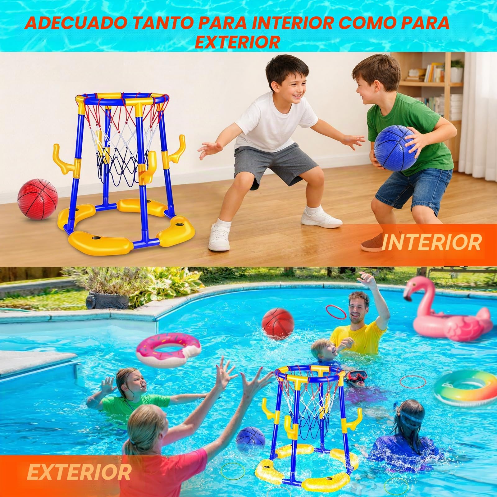 Set de canasta de baloncesto para piscina Doviden_Canasta de baloncesto flotante para piscina con 4 pelotas de agua, bomba y aros, juguete de piscina 2-en-1 para adultos, adolescentes/niños, juguete
