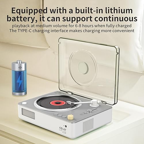 Miniatura 6 de Reproductor de CD con altavoces estéreo, reproductores de CD portátiles retro para el hogar, transmisor Bluetooth, salida AUX, modo USB y soporte