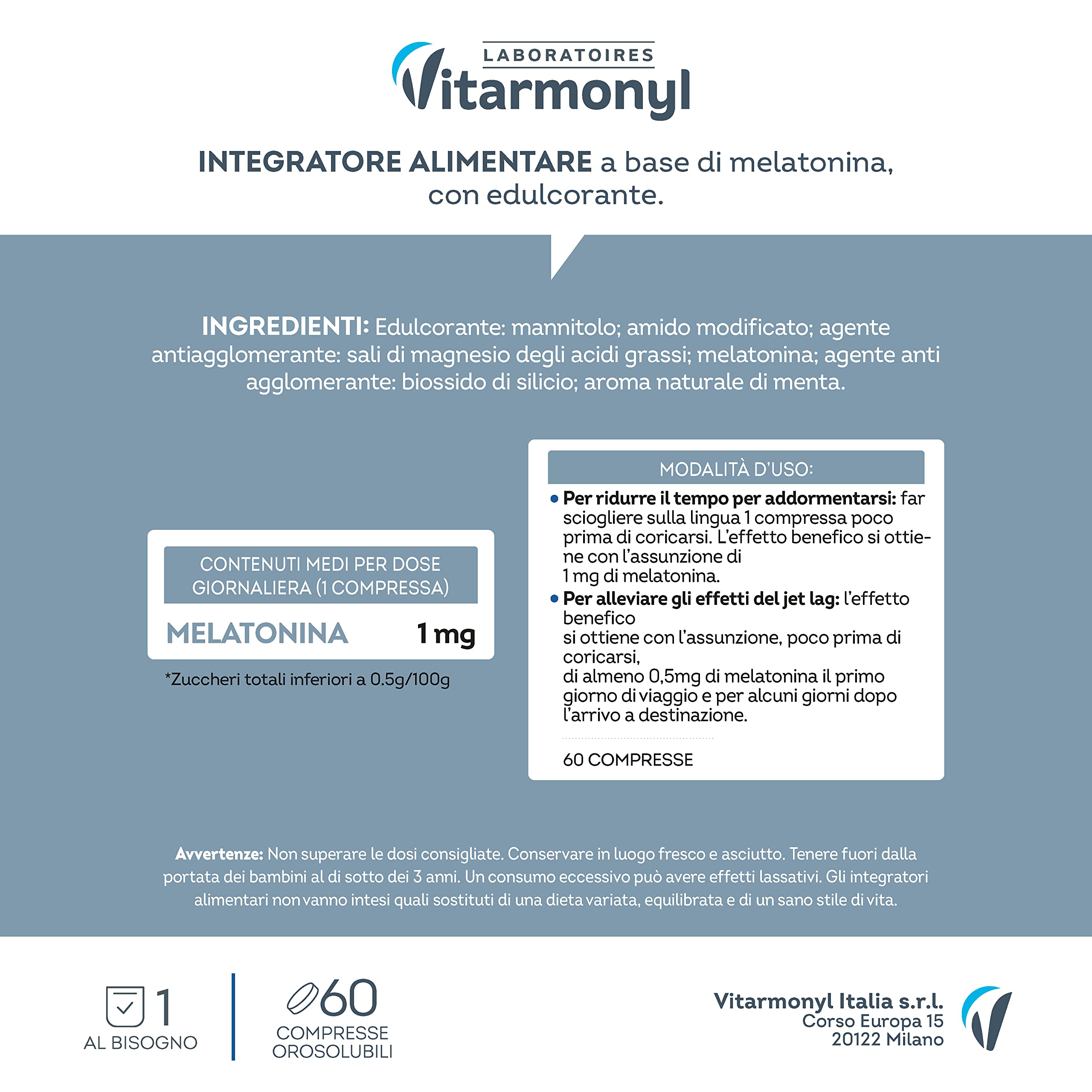 Vitarmonyl Melatonina Express 1 mg - Integratore per Sonno e Jet Lag - Compresse Orosolubili a Rapido Assorbimento - Gusto Menta - Senza Zuccheri - 60 Compresse