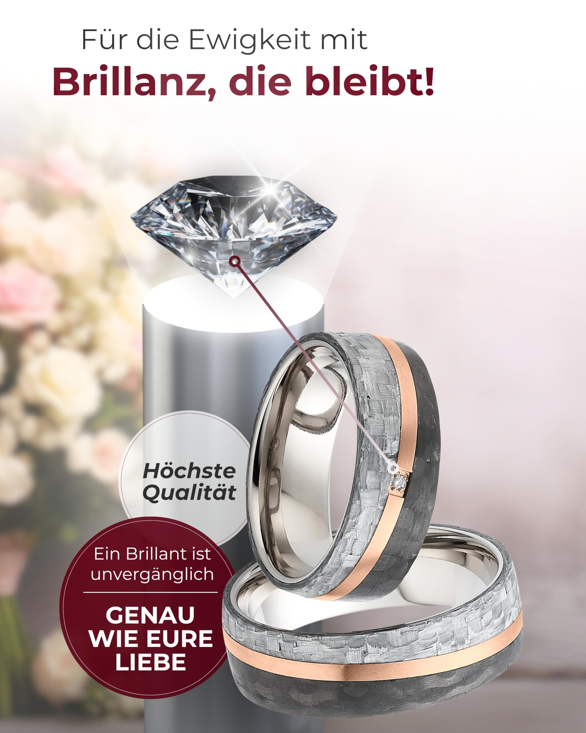 123traumringe Eheringe in Carbon, Titan & Roségold I Partnerringe mit Brillant & Etui I Gravierbare Eheringe mit Ringgröße 50-74 mm I Edle Verlobungsringe in 7 mm Breite & 2,1 mm Stärke I S88