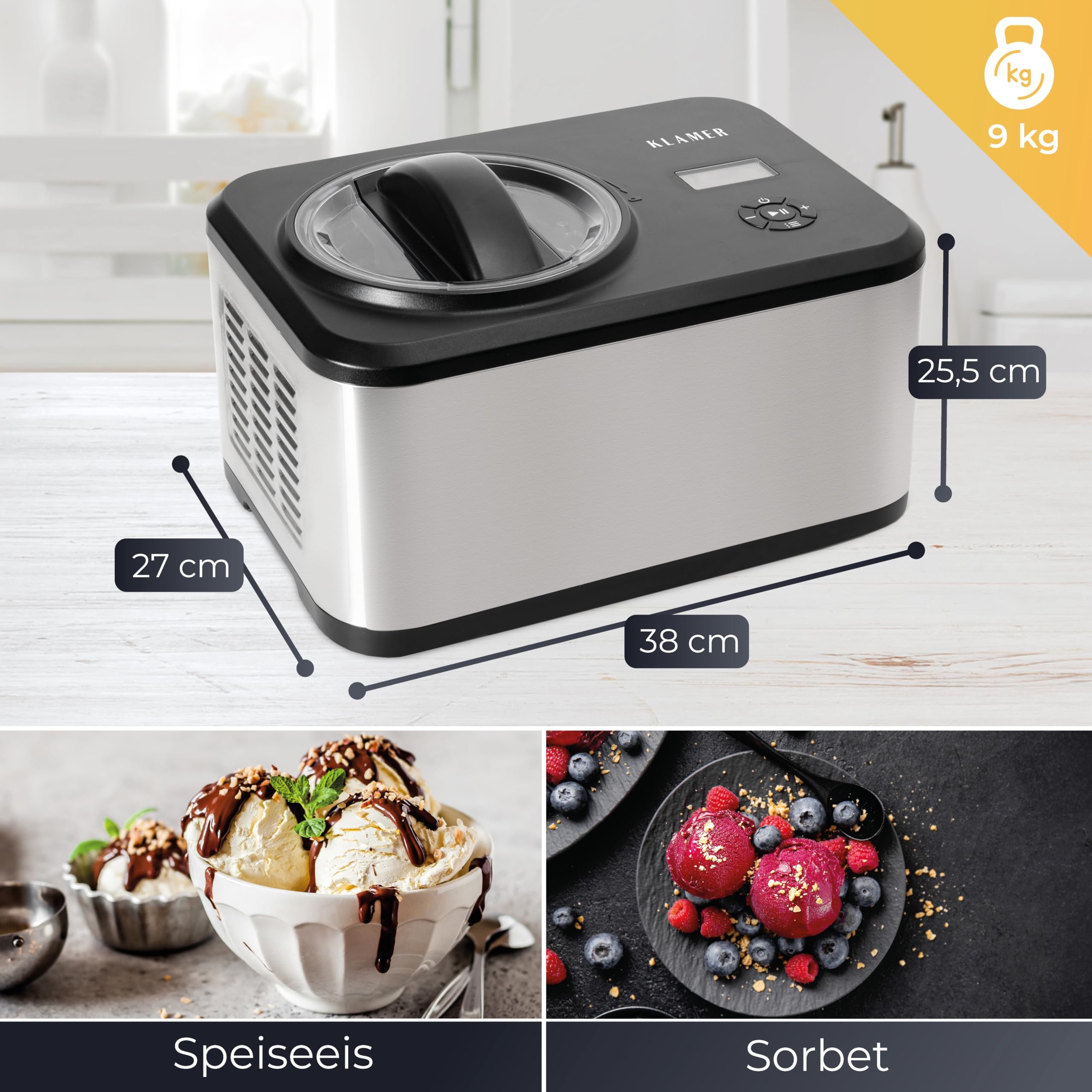 KLAMER Eismaschine 1,5L, 120 W Eiscrememaschine aus Edelstahl mit Kühlfunktion, hausgemachtes Speiseeis mit selbstkühlendem Kompressor, mit digitalem Rezeptbuch