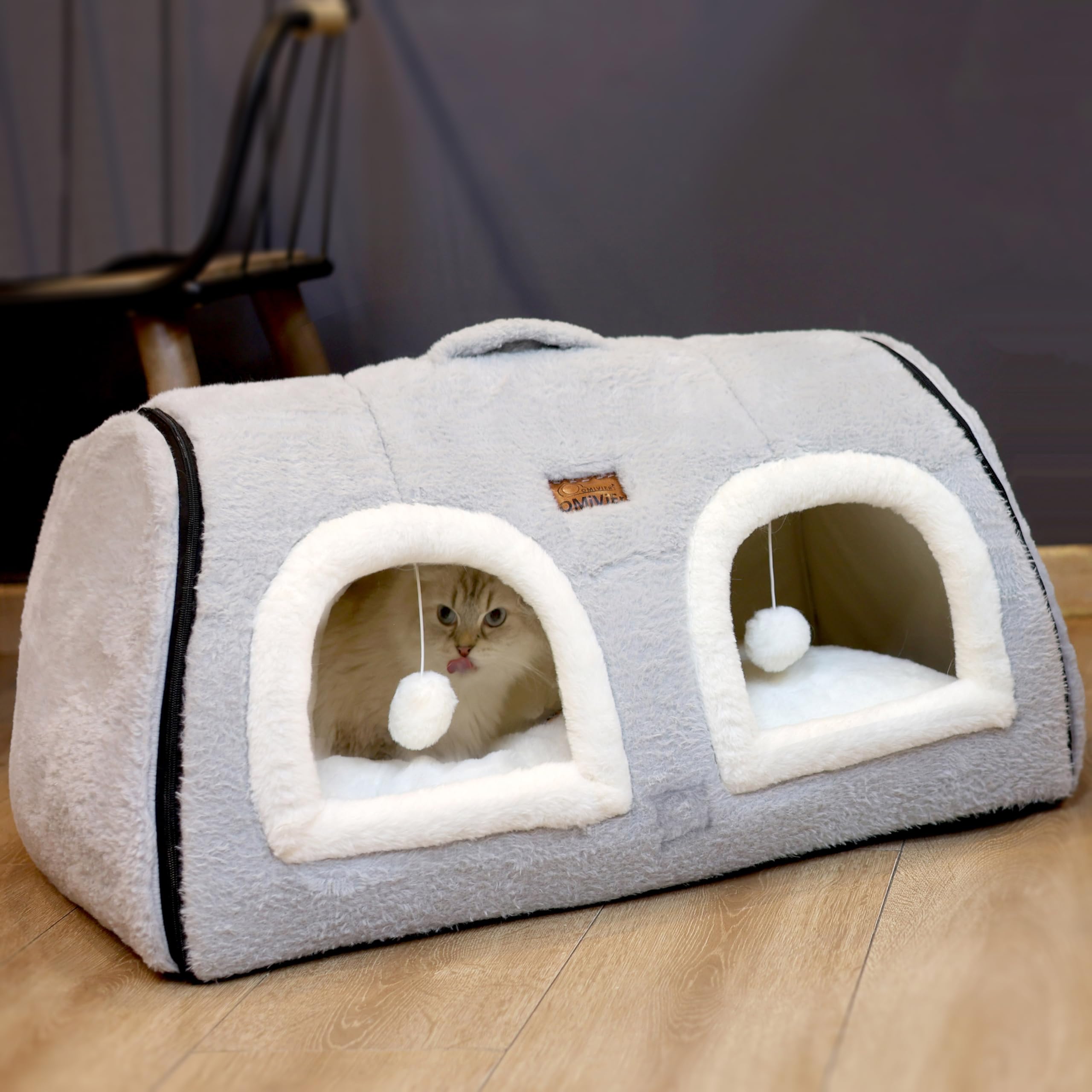 OMIVIER Cat Bed for Indoor Cats,Foldable cat cave,Anti-Slip & Water-Resistant Bottom,cat Houses for Indoor Cats or Small Dogs, Kitten Tent, Rabbit Double Hole Bed:(27.5"×15.3"×15" — image 1