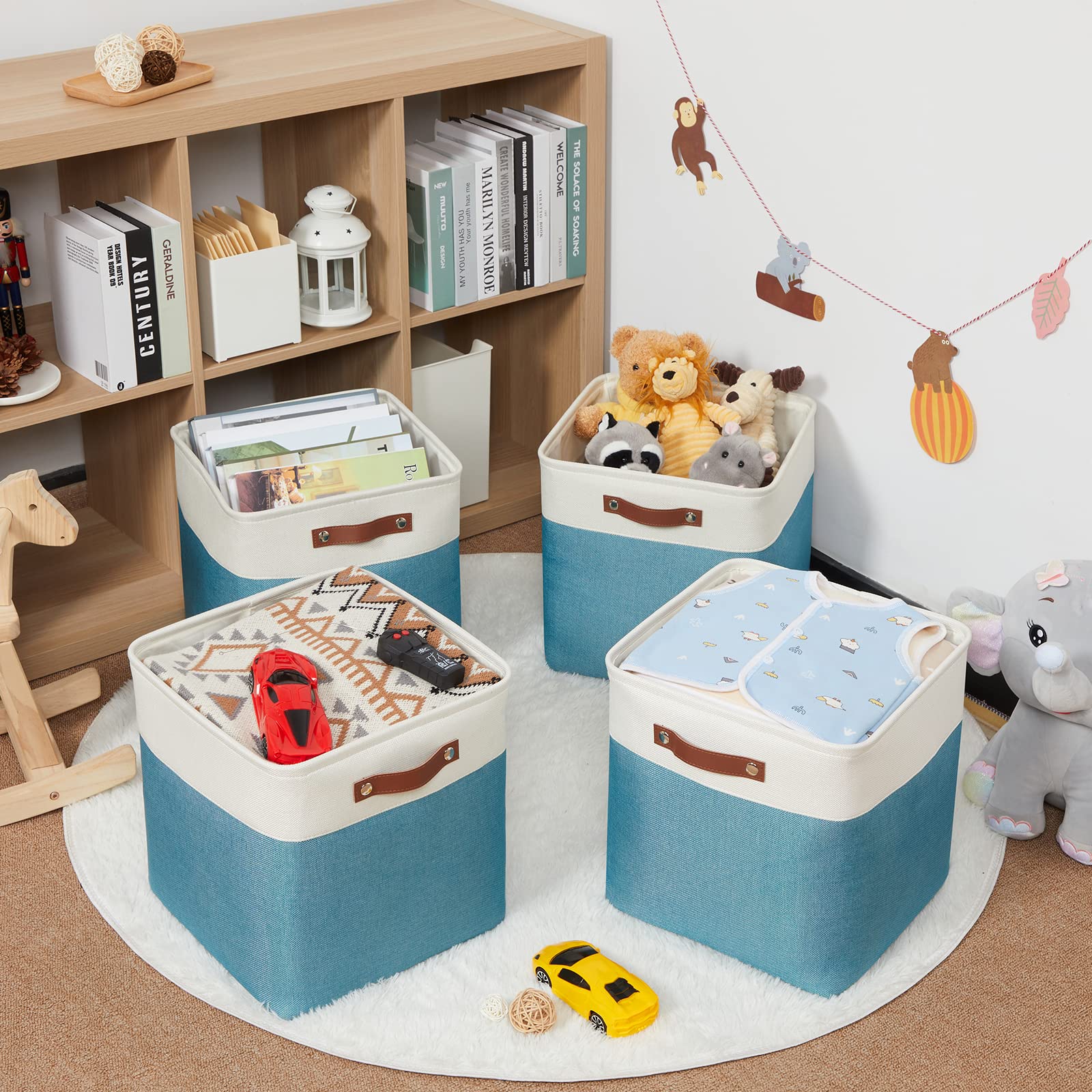 HNZIGE Aufbewahrungskörbe aus Stoff, 33 cm, würfelförmige Aufbewahrungskörbe mit Griffen (4 Stück), Schrank, Kinderzimmer (blaugrünweiß)