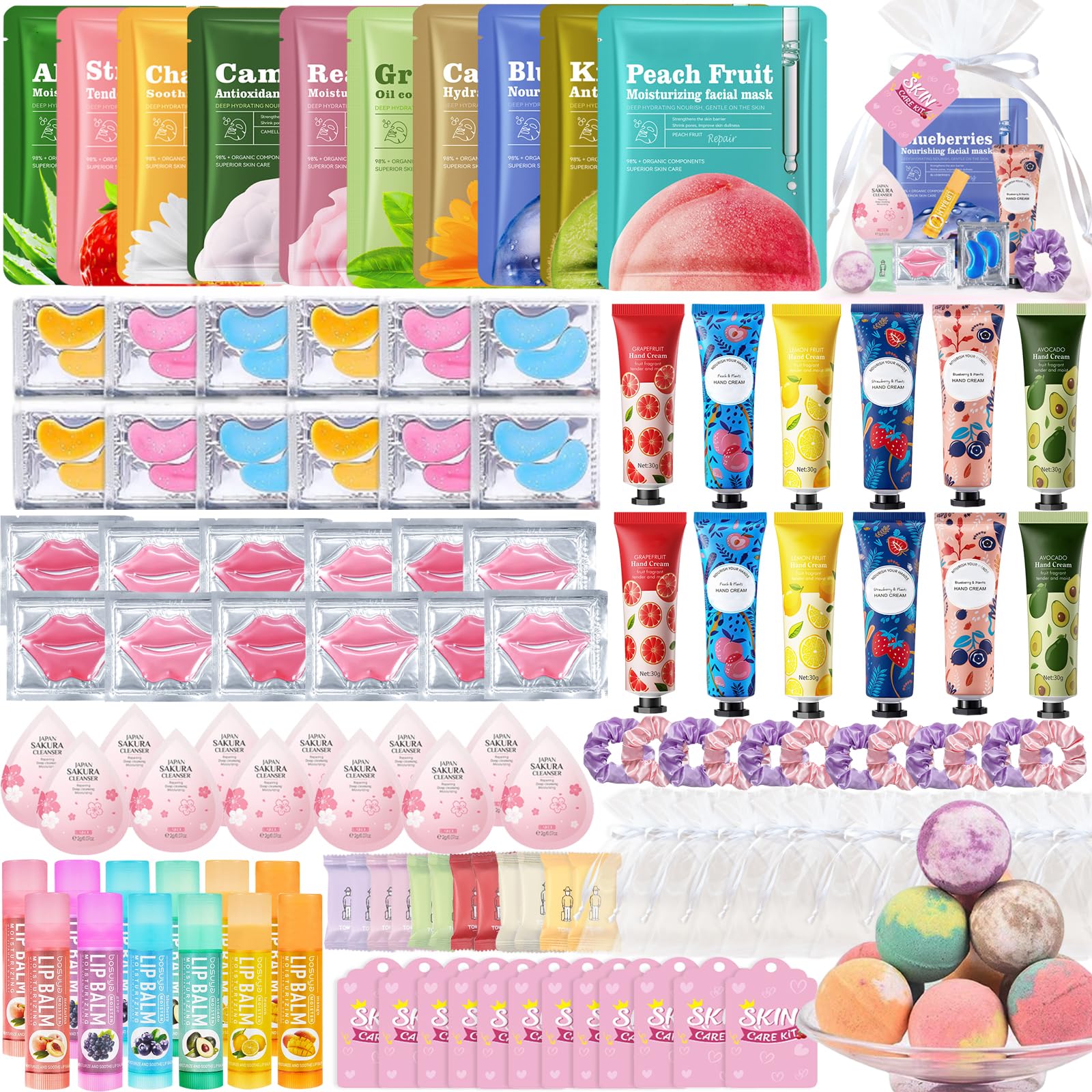 132 PCS Spa Party Supplies for Women, Spa Party Favors Includes Face Masks, Lip Masks, Eye Masks, Hand Cream, Lip Balm, Bath Bombs, Spa Birthday