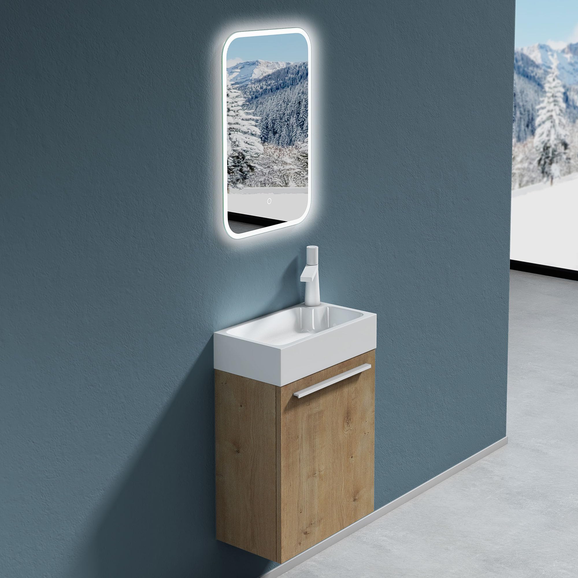 doporro Mobile Bagno Sospeso 46cm Marrone Chiaro, Mobile Sottolavabo per WC Ospiti con Lavabo in Marmoresina Bianco, Pisa