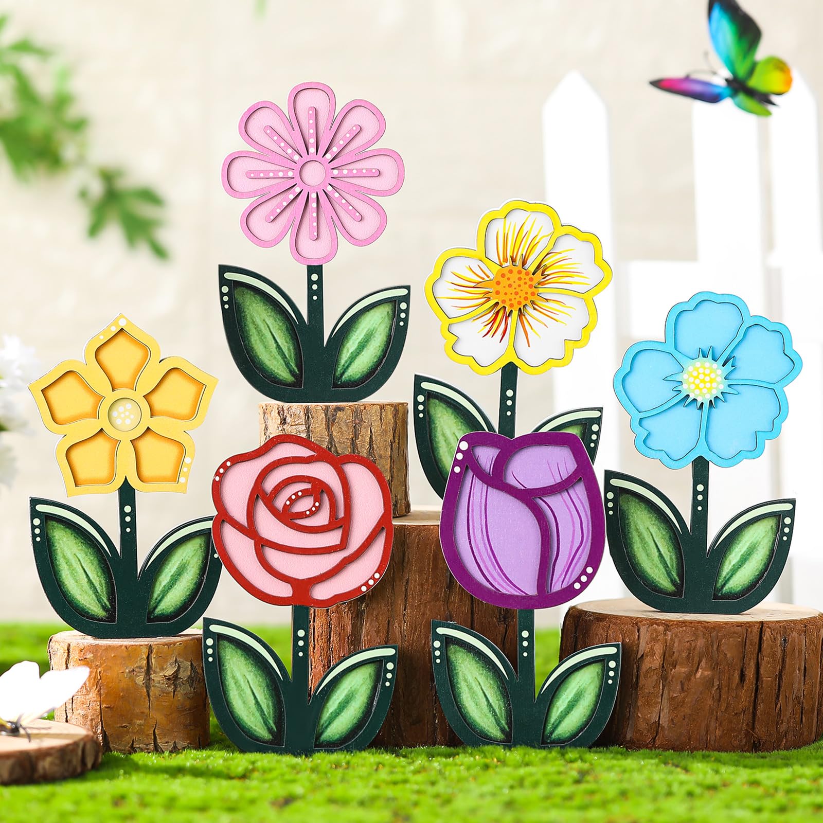 Wenqik Spring Decor Flower Butterfly Table Decorations Spring Tiered Tray Decor Colorful Wooden Flower Daisy Butterfly Table Centerpiece for Home Kitchen Shelf Holiday Decor(6 Pcs,3D Flower)