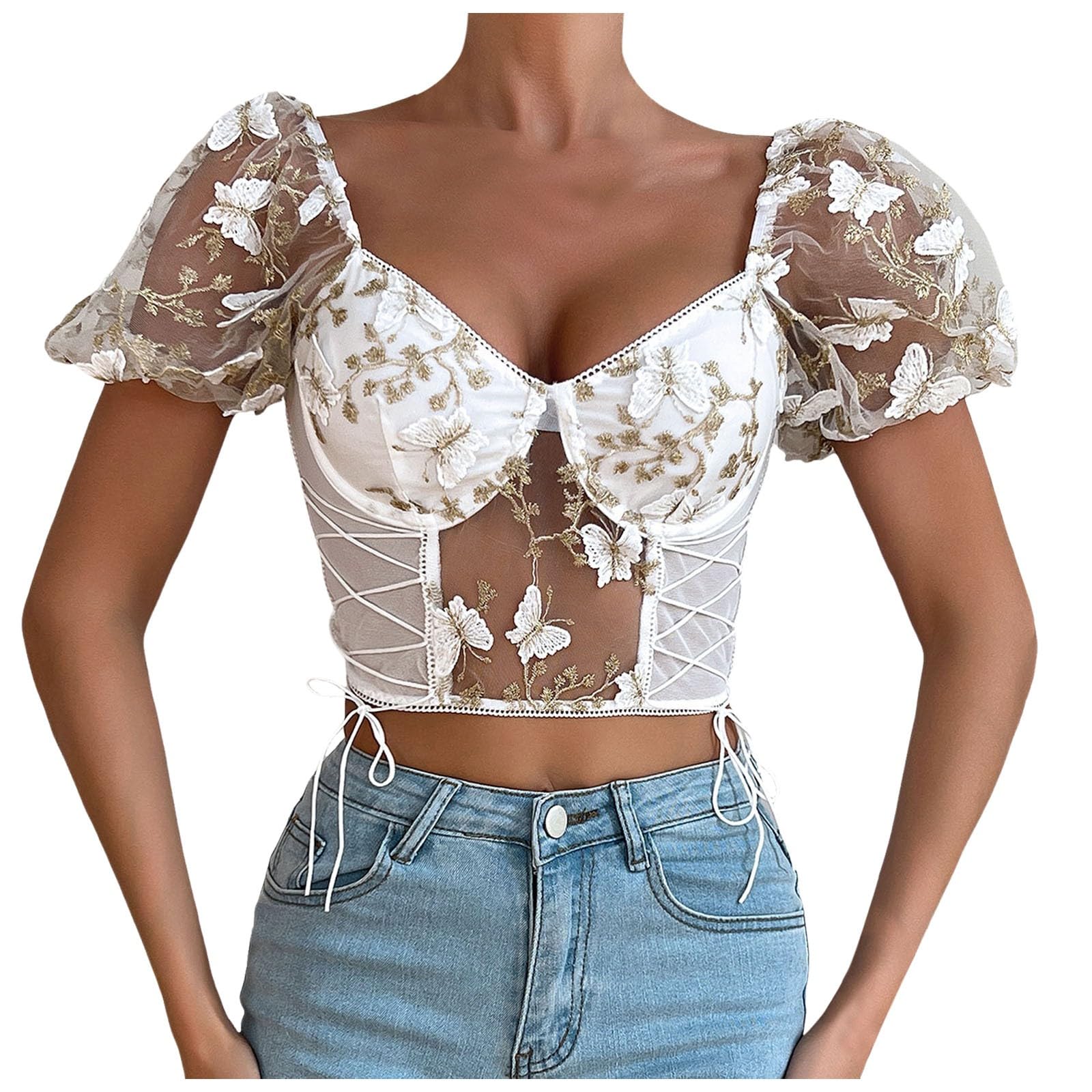 Camicetta Dirndl da donna, trasparente, bianca, elegante, con inserto in pizzo, corsetto elegante, maniche svasate, top corto avvolgente con camicetta in pizzo per lingerie