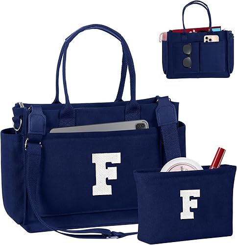 Miniatura 123 de Easter Basket Stuffers, Initial Tote Bag with Makeup Bag, Birthday Gifts for Women, Teen Girl Gifts Trendy Stuff Beige,Negro