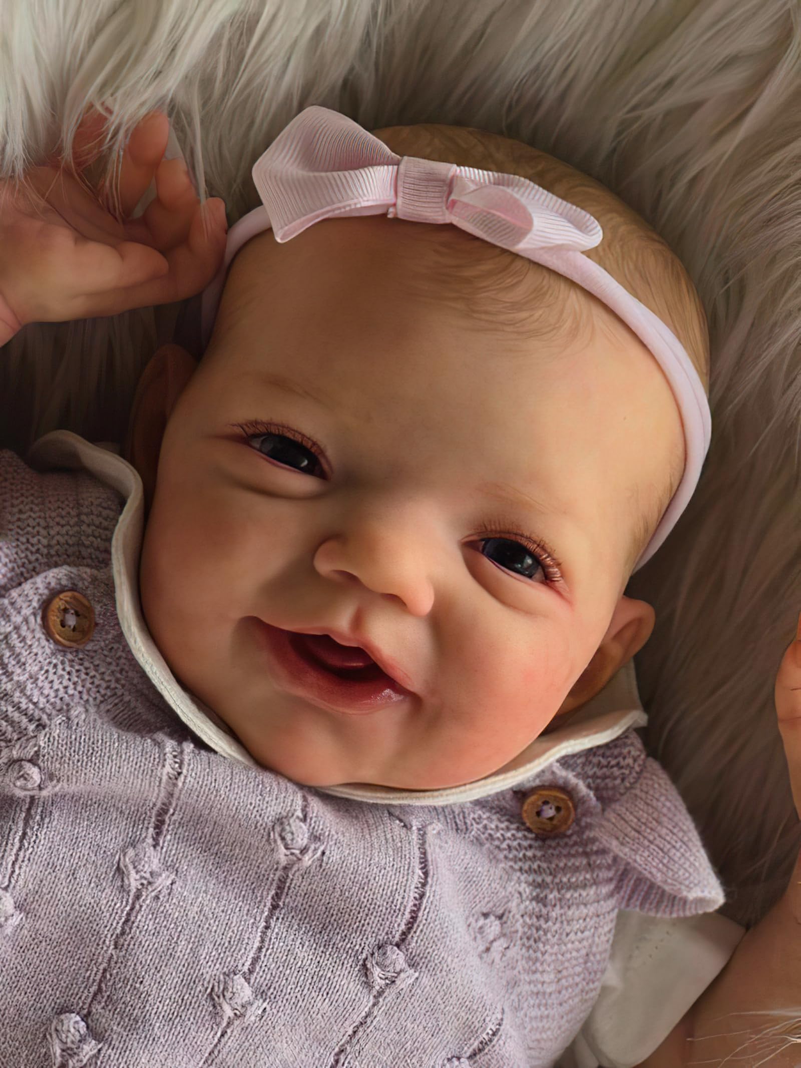 MineeQu 19 Zoll Realistische Baby Puppe Reborn Neugeborenes Mädchen Lebensechtes Süßes Lächeln Vollkörper Vinyl Handbemaltes Haar Lila Strickoutfit & Bogenkopfbinde Geschenksatz für Kinder ab 3+