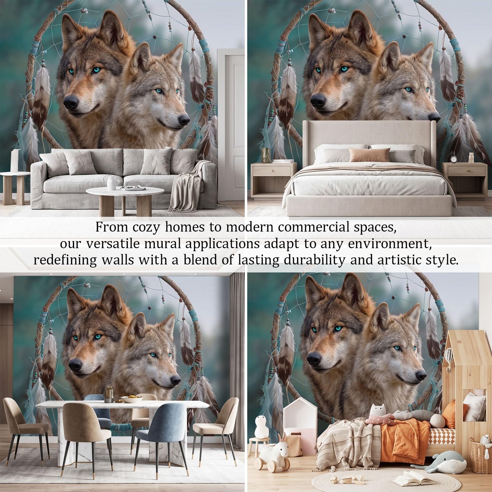 Fototapete 3D Effekt Tier Wolf Traumfänger, Vliestapete Wandbild Boho XXL Motivtapeten B250 x H175 cm für Schlafzimmer Wohnzimmer Kinderzimmer Büro Fernseh Hintergrund Dekoration
