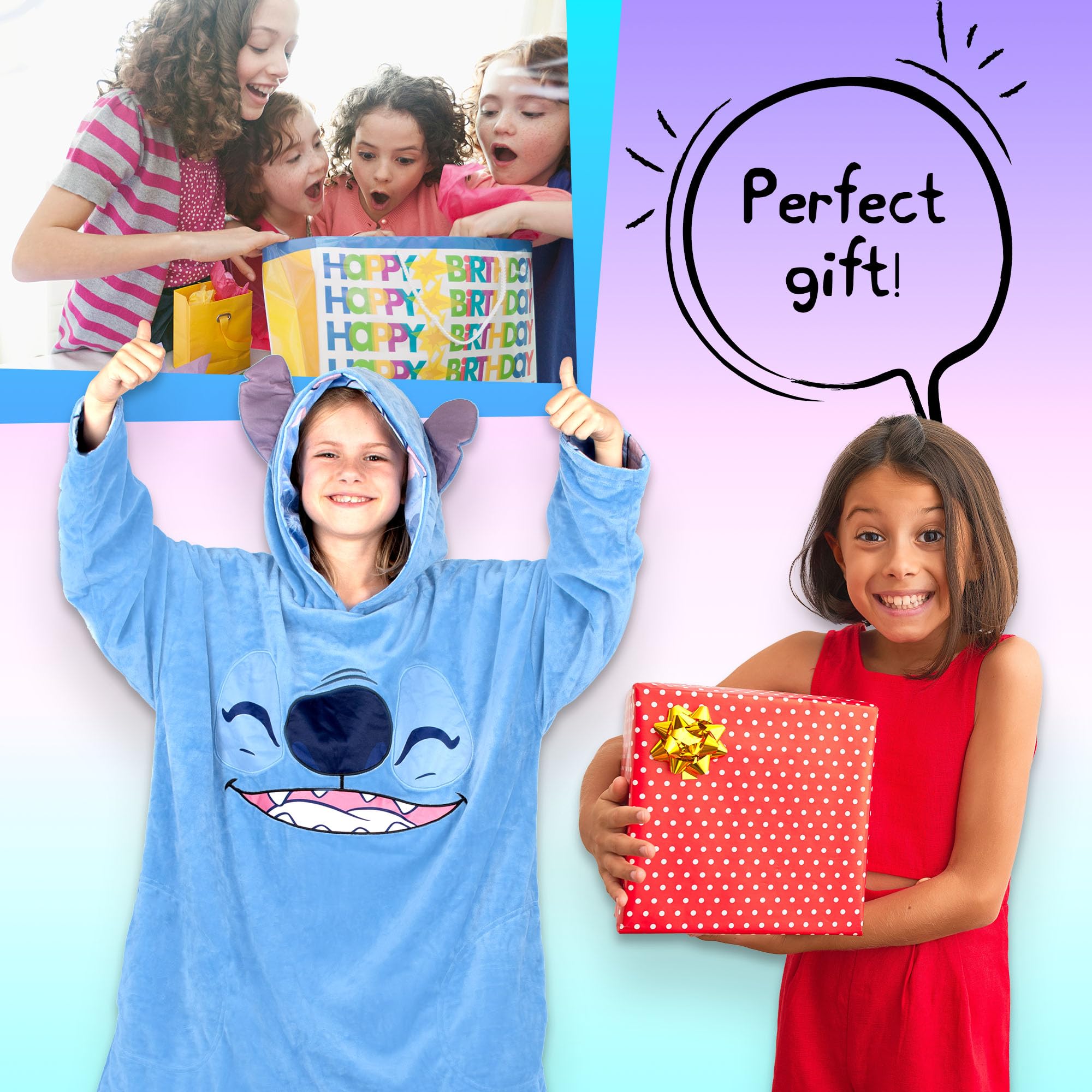 Disney Stitch - Manta reversible con capucha de gran tamaño para niños, súper suave, de doble cara, forro polar, regalo para niñas, talla única, color azul