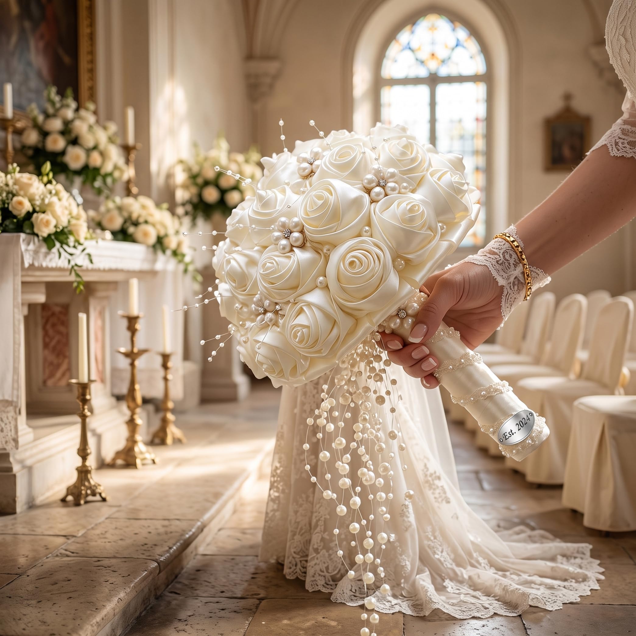 Bouquet da sposa per matrimonio, bouquet da sposa con rose accentate con perline e perle