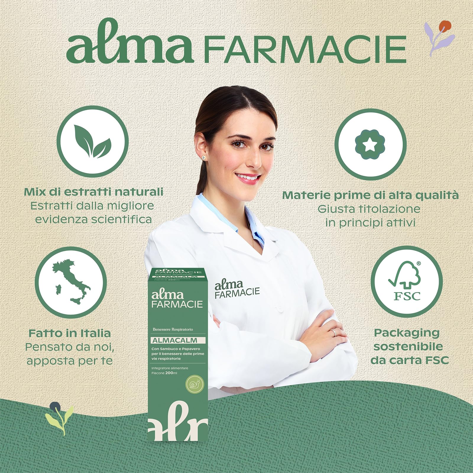 AlmaCalm Alma Farmacie, Sciroppo per Tosse ad Azione Lenitiva, Con Ingredienti Naturali, Malva, Sambuco e Papavero, Anche per Bambini, Bassa Concentrazione di Zuccheri, 200 ml