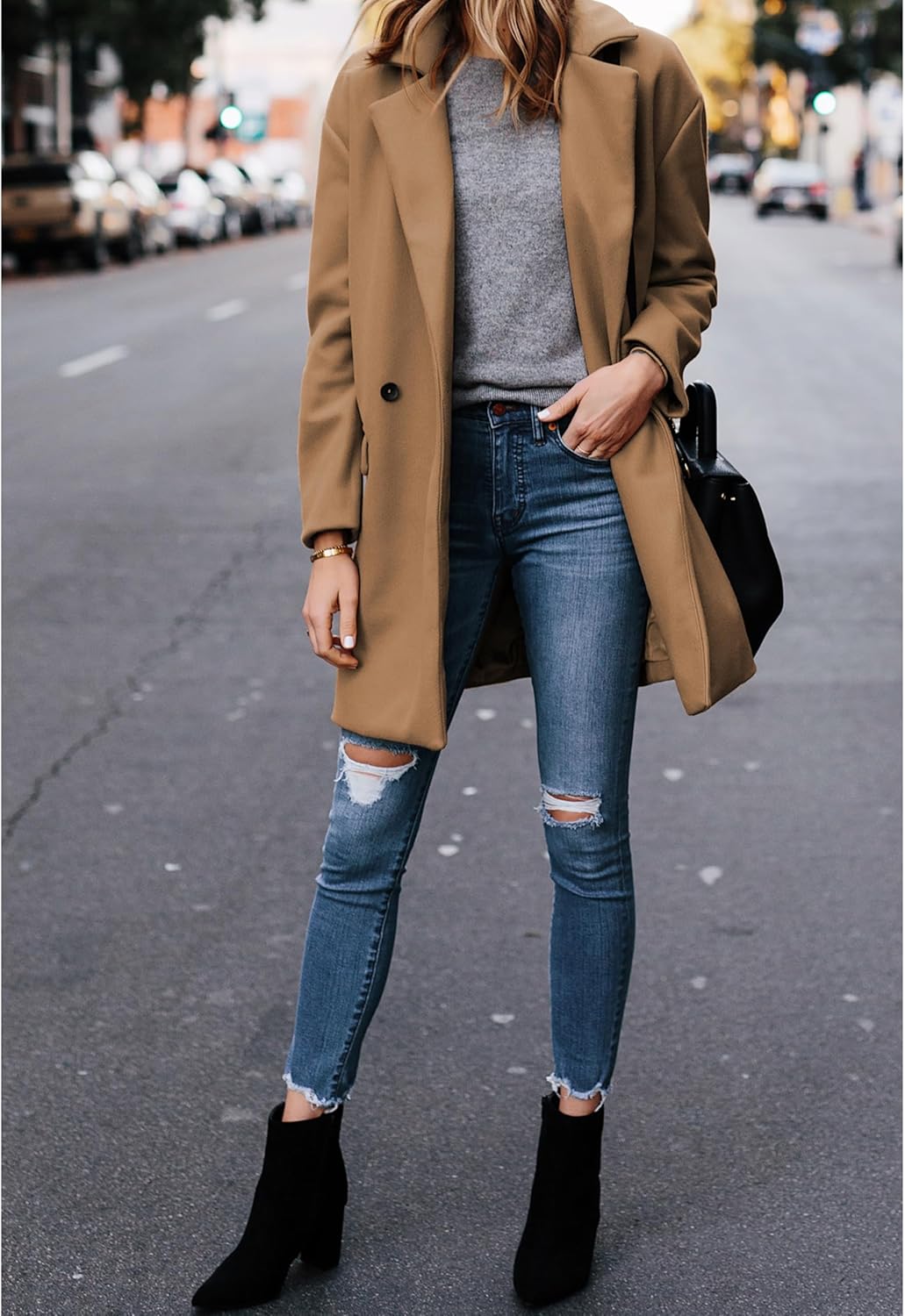 Hooever Women's Notched Lapel Wool Coat Single Breasted Pea Coats Winter Wool Blend Blazer Jacket - Image 7