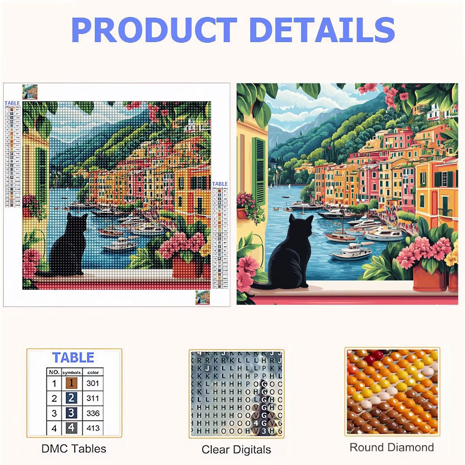 5D Diamond Painting Kit Completo, Diamond Painting Gatto DIY Hobby Creativi Adulti Pittura Diamante Strass Mosaico Kit per Bambini Principianti, Decorazioni Casa Parete Vista mare 90x90cm FX#881