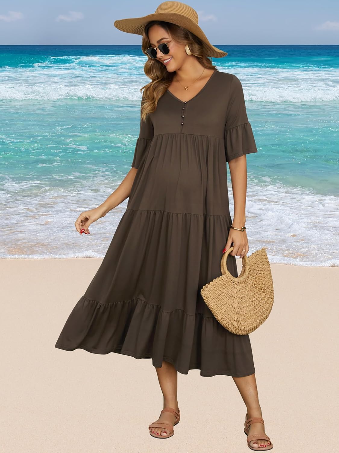 Maternity Maxi Dress Short Sleeves Ruffled Sleeve Baby Shower Pregnancy Dresses Photoshoot Flowy Casual 2026 - Image 3