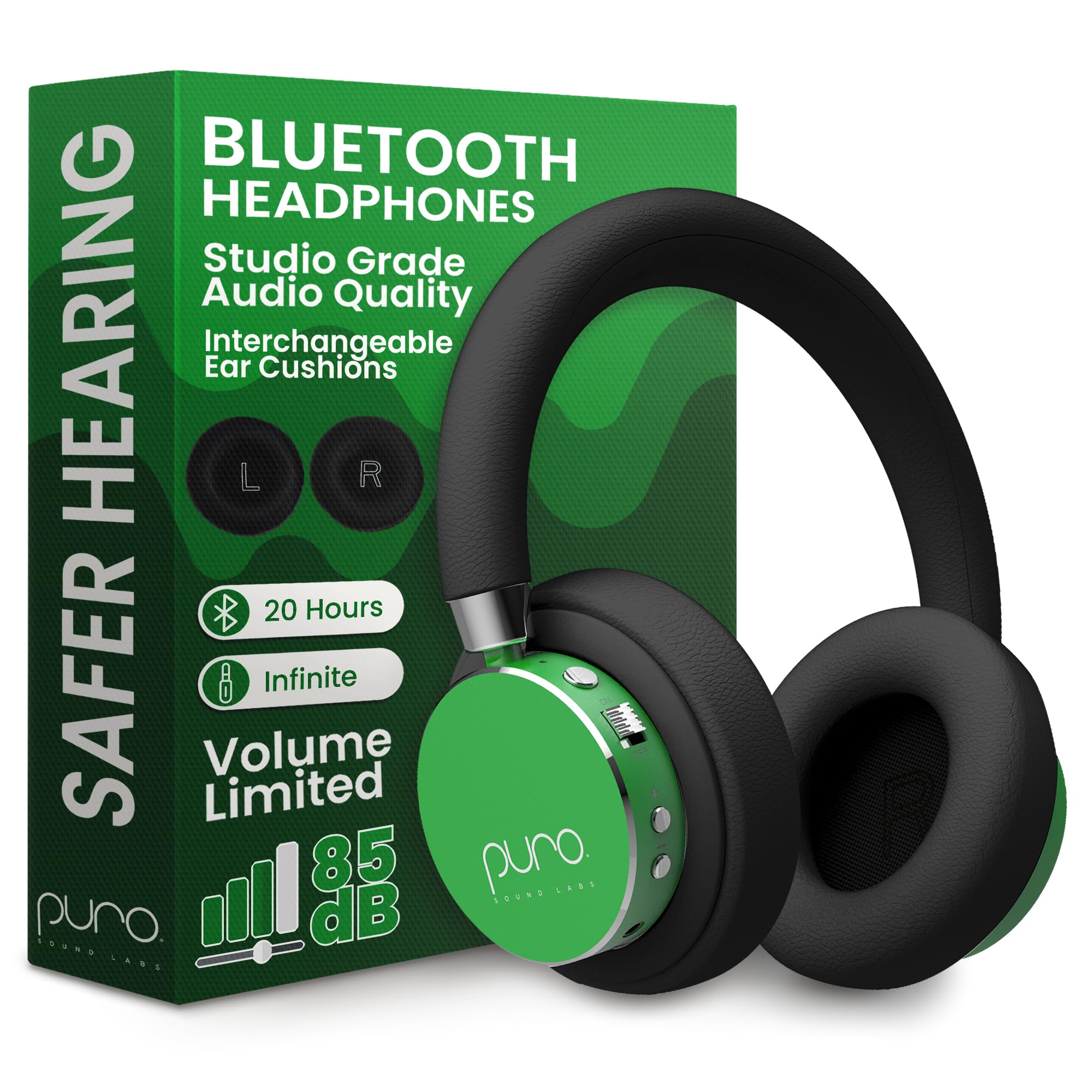 Puro Sound Labs BT2200 Plus Kids Bluetooth Headphones – Volume-Limiting 85dB, Studio-Grade Audio, Over-Ear & Comfy Design, 20-Hour Battery Life, Easy to Connect Wireless Headphones for Kids, Green