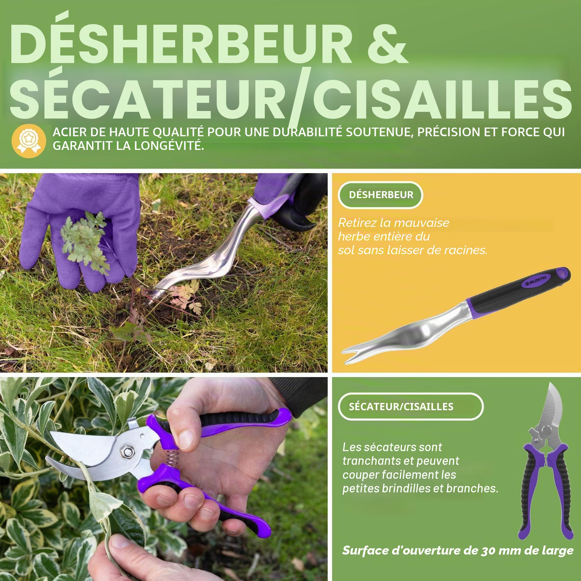 BLOSTM Ensemble d'outils de jardinage 11 pièces – Kit d'outils de jardin robustes avec sac fourre-tout imperméable – Truelle de jardin antirouille avec poignées ergonomiques – Cadeaux de jardinage