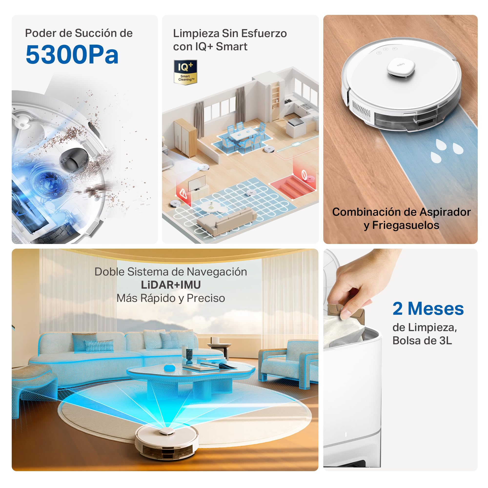 Tapo Robot odkurzający 4 w 1 RV30Max Plus automatyczne opróżnianie, cichy i cienki, bardzo mocny 5300 Pa, nawigacja LiDAR, autonomia 150 min, dywan i sierść zwierząt