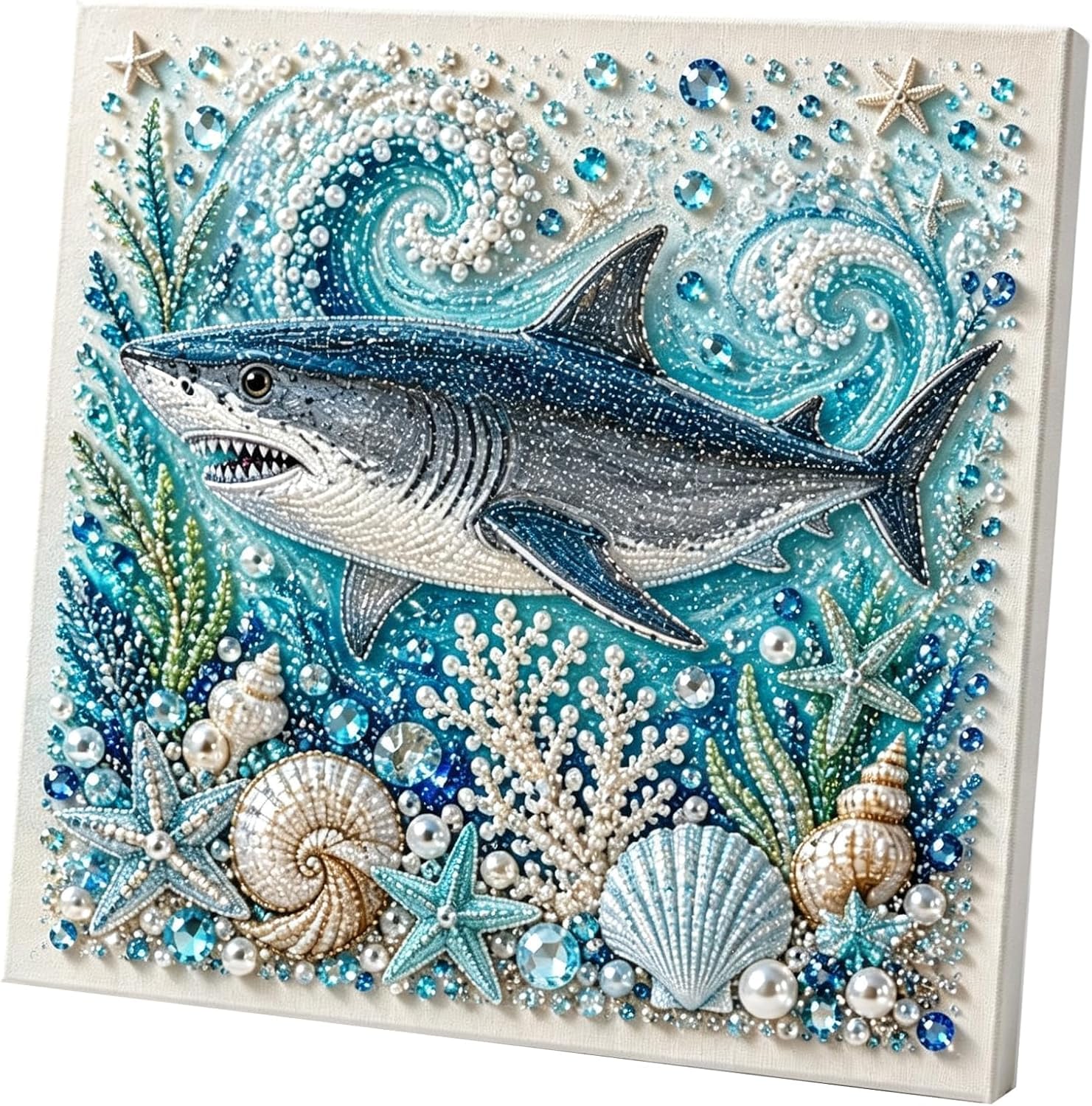 GoBrush Ocean Theme Pearl Art DIY Kit, Ocean 3D Diamond Painting Craft for Adults, (Blue-A)