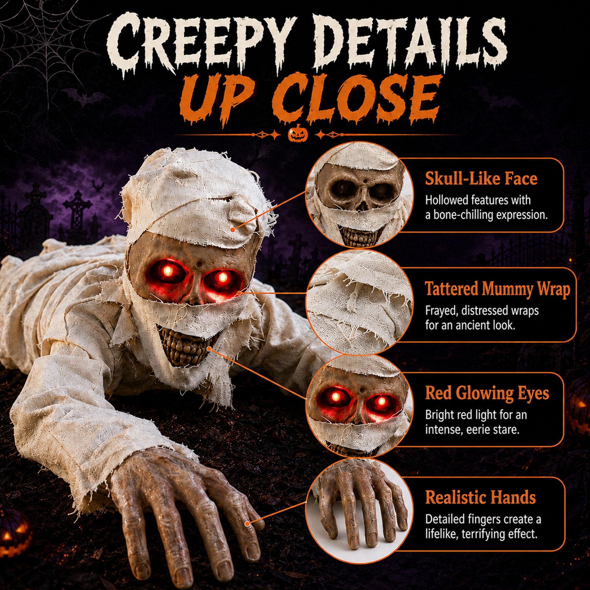Kriechende Halloween Die Mumie, Halloween Deko Mumie Hat Leuchtend Rote Augen, Intelligente Sprachgesteuerte, Horror-Soundeffekte, Batteriebetrieben, FüR Innen, Garten, Rasen, Hofdekoration