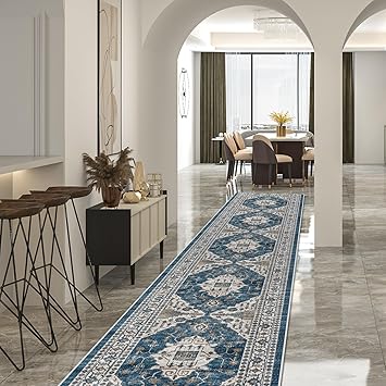 Hallway Washable Runner Rug - 2'6x14 Kitchen Rugs Entryway Rug Runner Vintage Soft Floor Mat Non Slip Indoor Farmhouse Carpet for Bathroom Living Room Bedroom (2'6''x14', Blue)