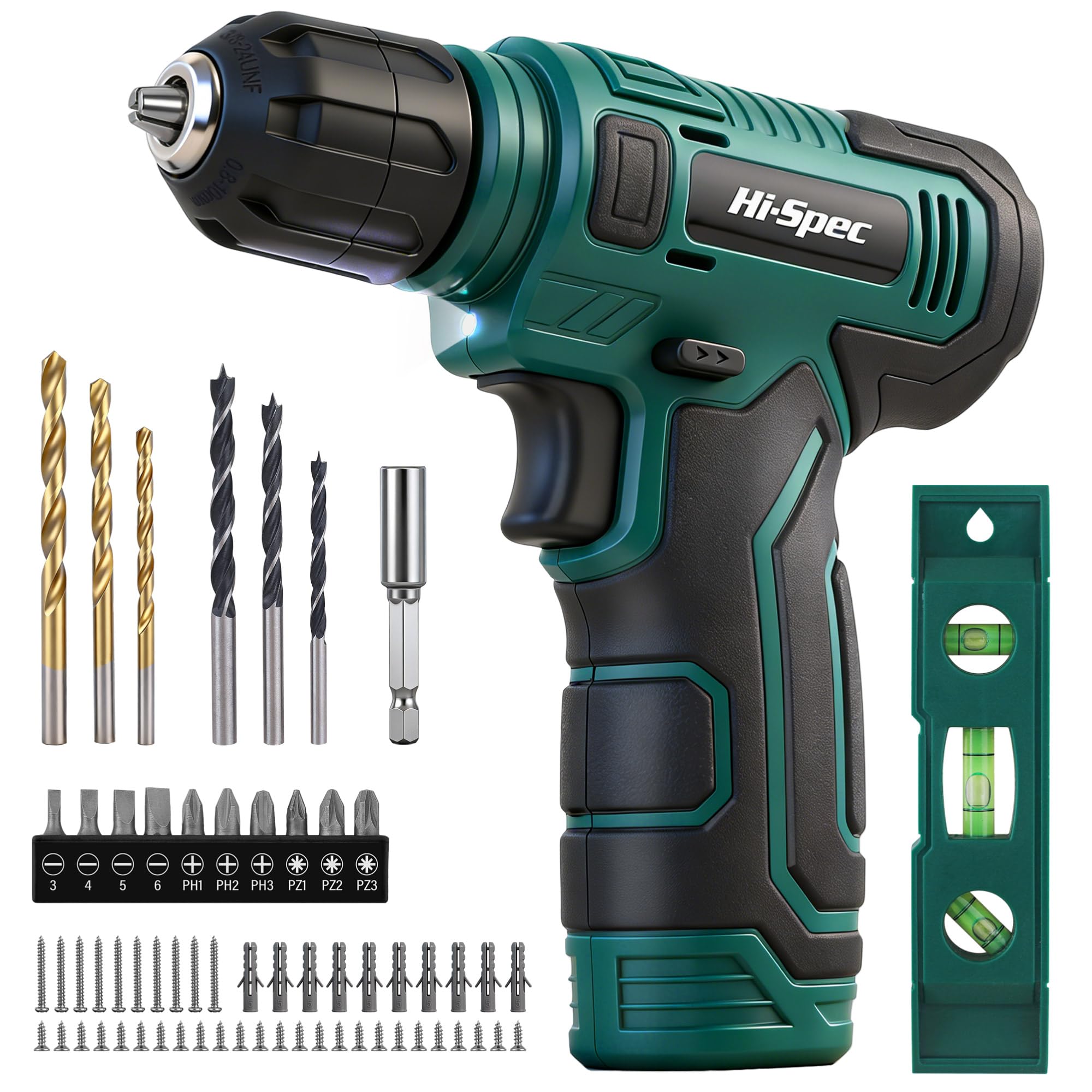 Hi-Spec Cordless Drill Driver 8V USB Rechargeable Drill Bit Set for Screwing and Drilling Wall Hanging Kit Green